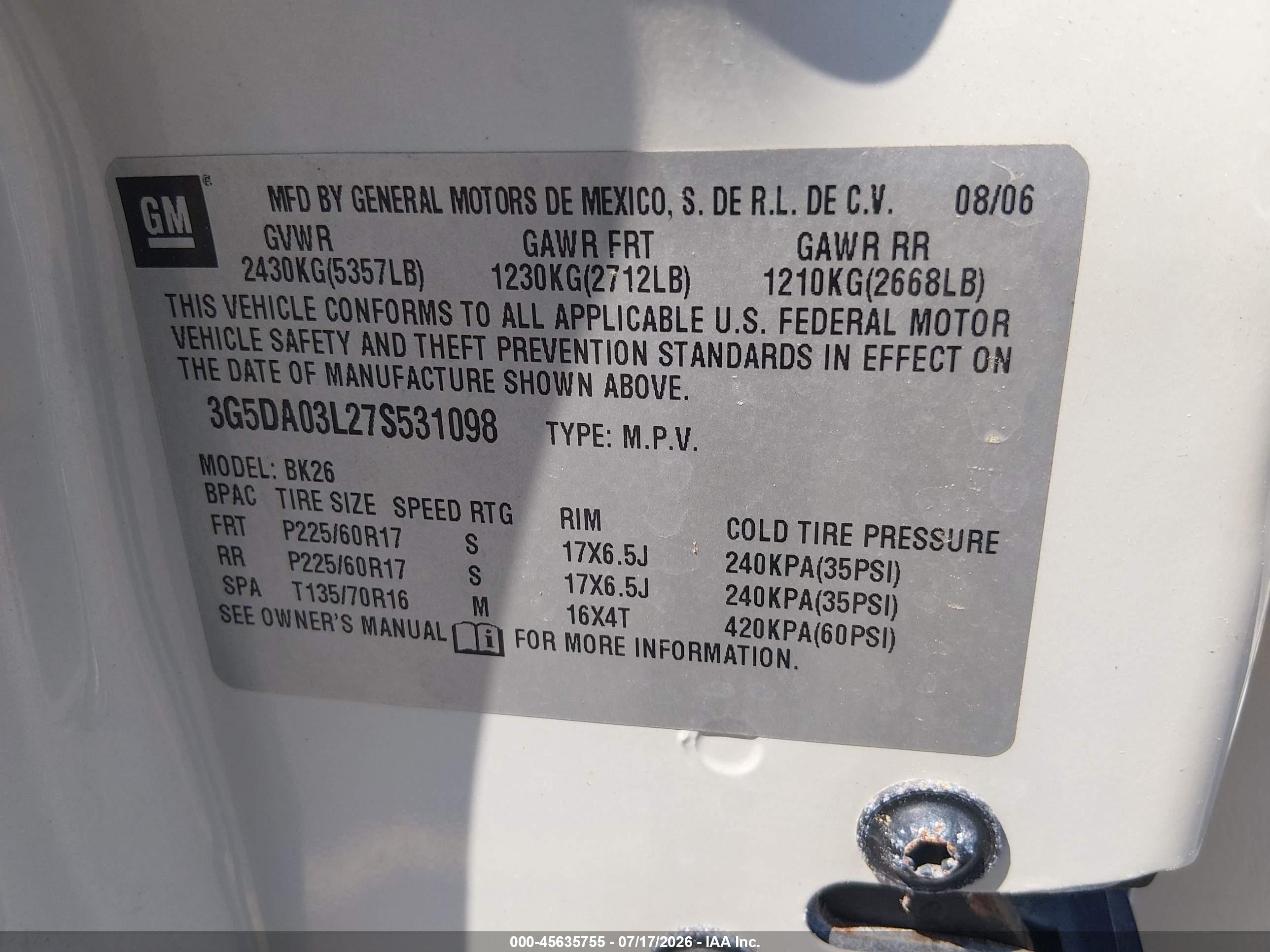 2007 Buick Rendezvous Cxl White vin: 3G5DA03L27S531098