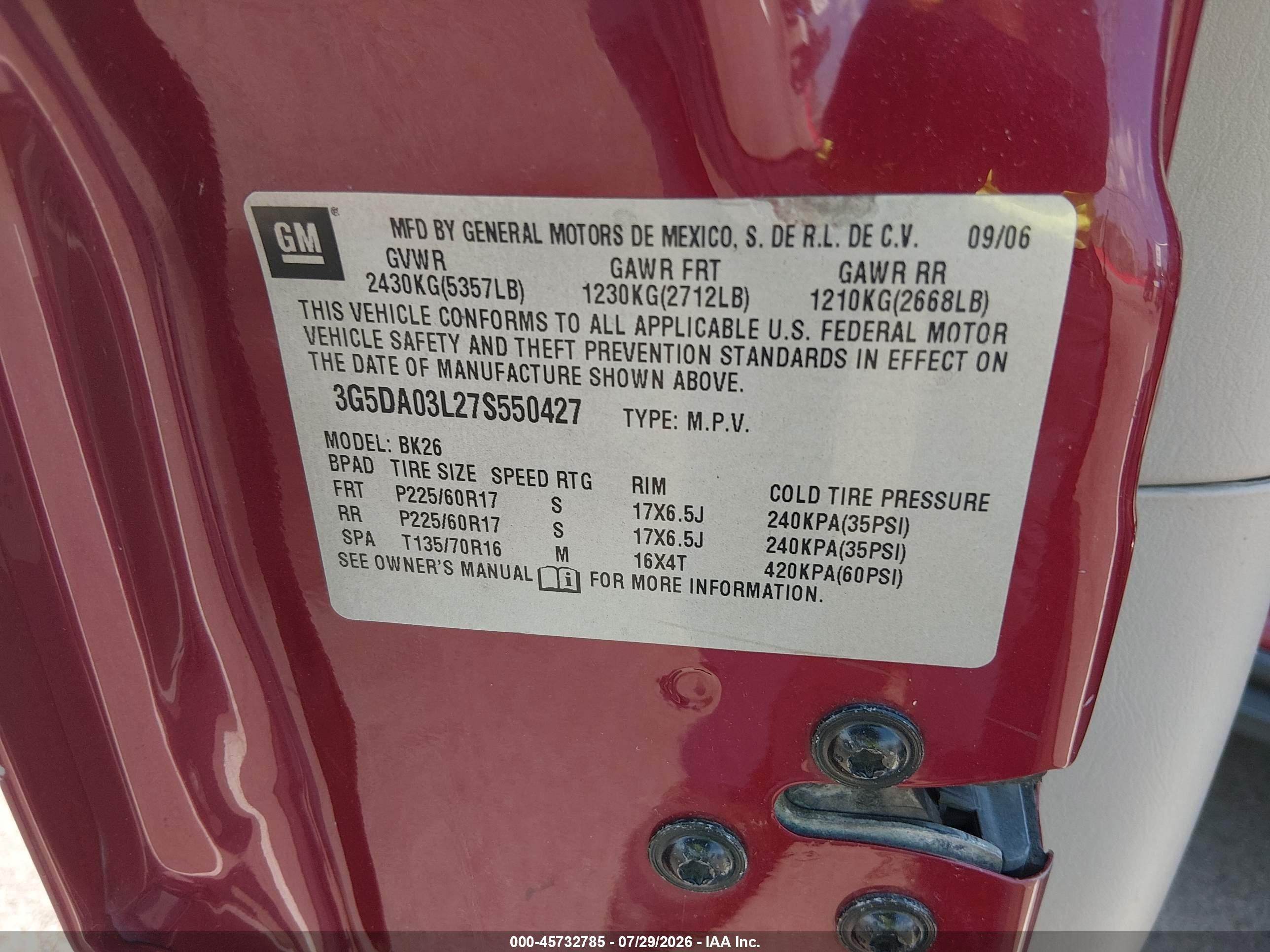 2007 Buick Rendezvous Cx Red vin: 3G5DA03L27S550427