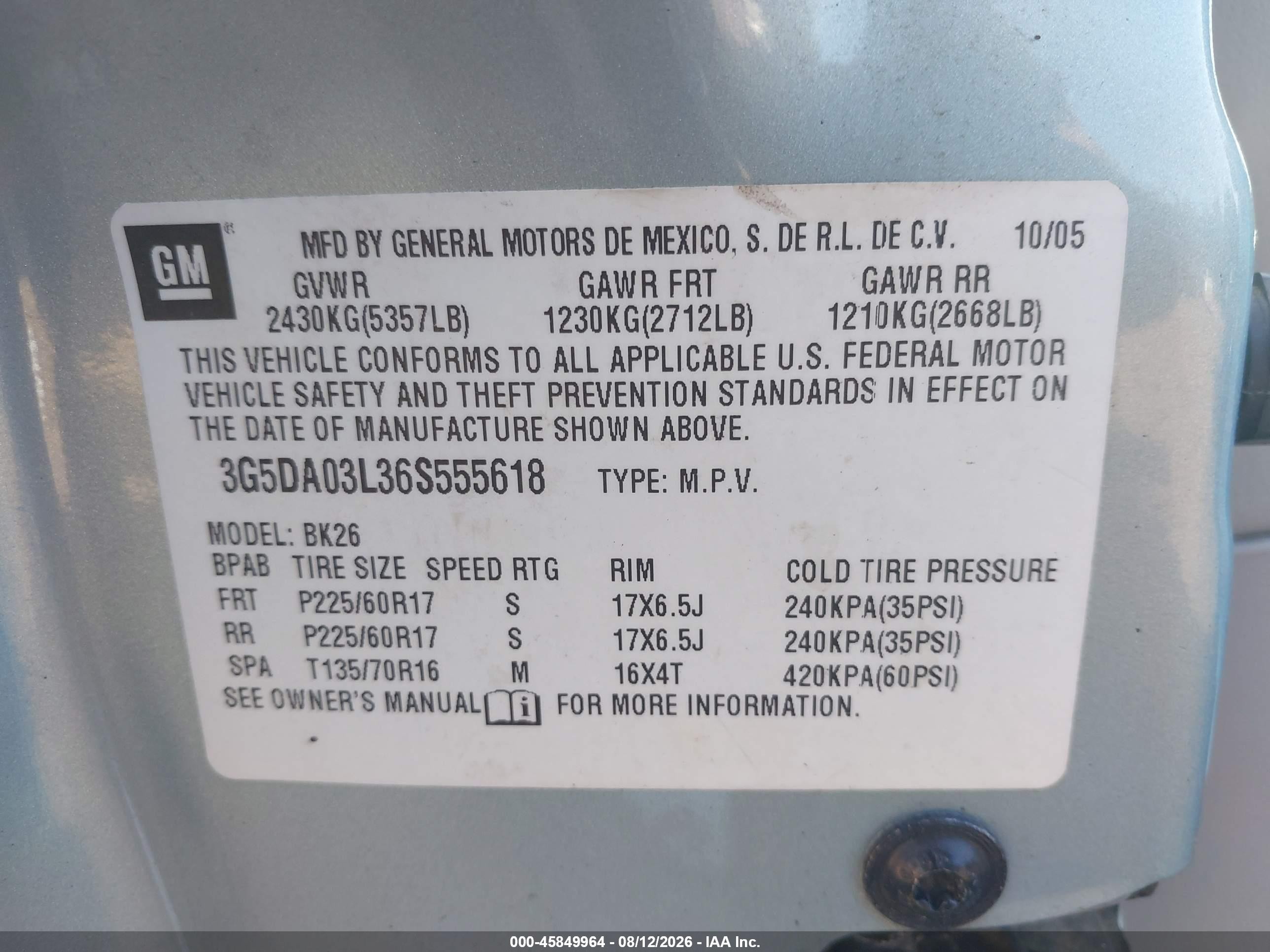 2006 Buick Rendezvous Cx Light Blue vin: 3G5DA03L36S555618
