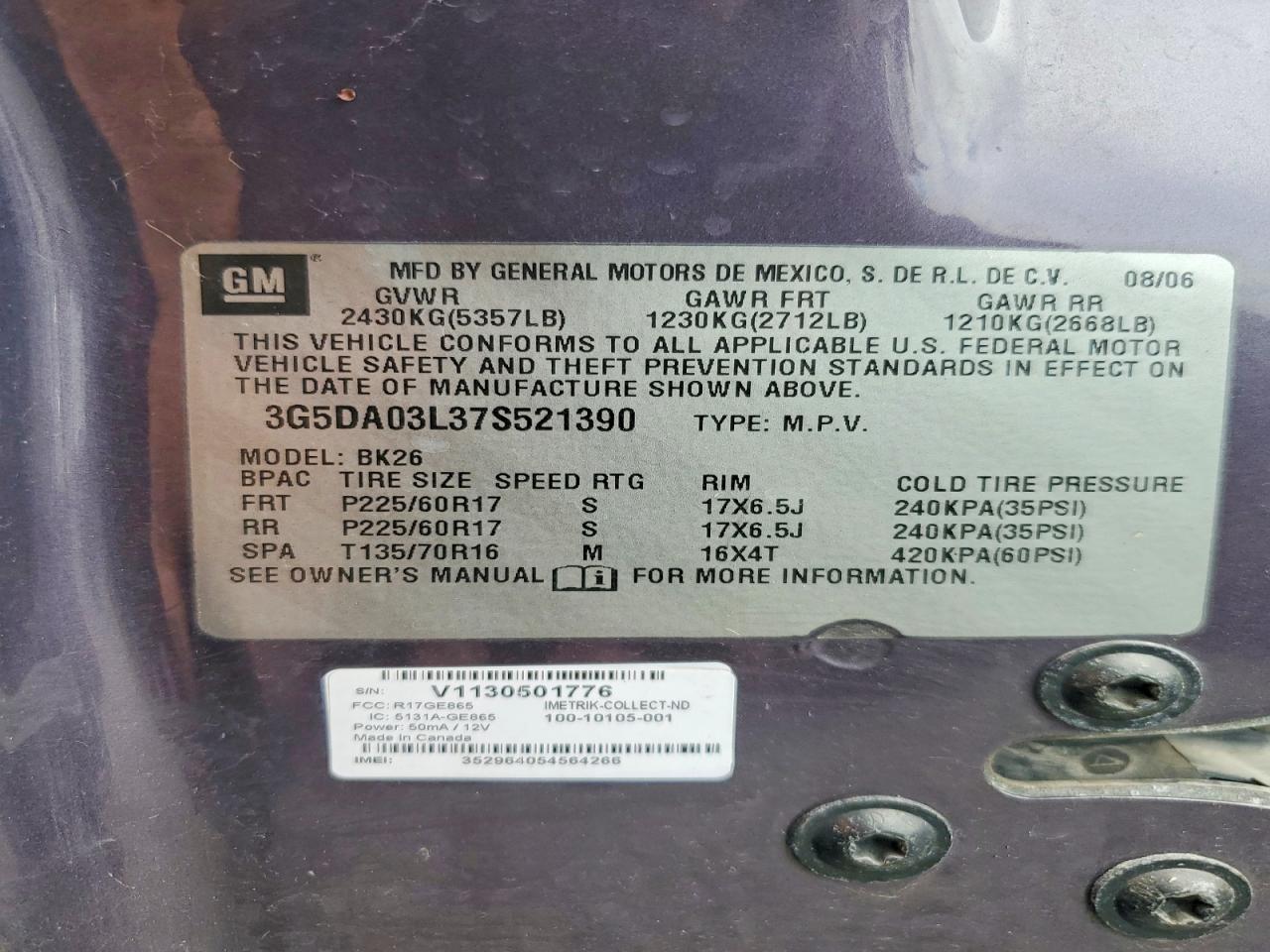 2007 Buick Rendezvous Cx Purple vin: 3G5DA03L37S521390