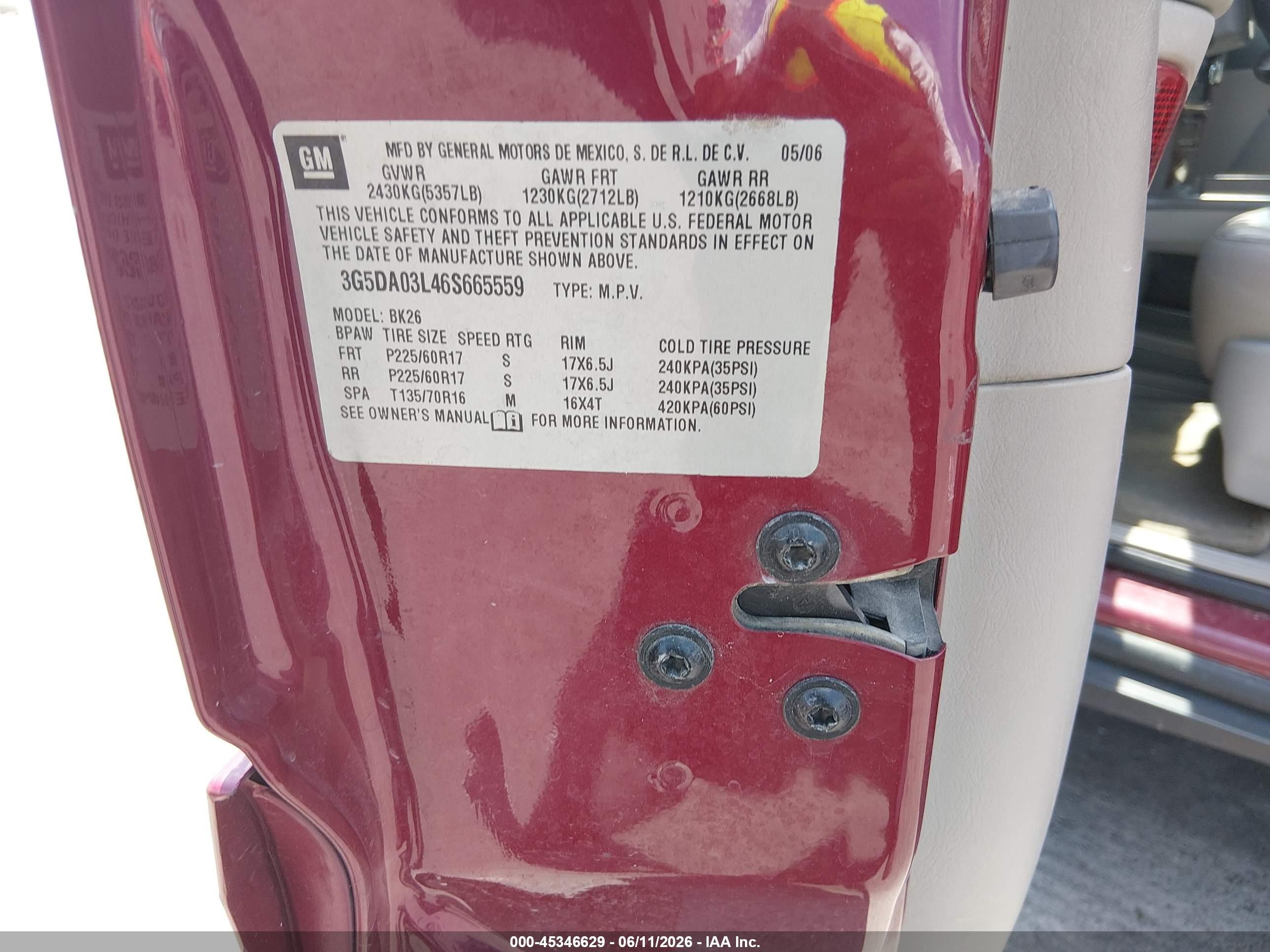 2006 Buick Rendezvous Cx Red vin: 3G5DA03L46S665559