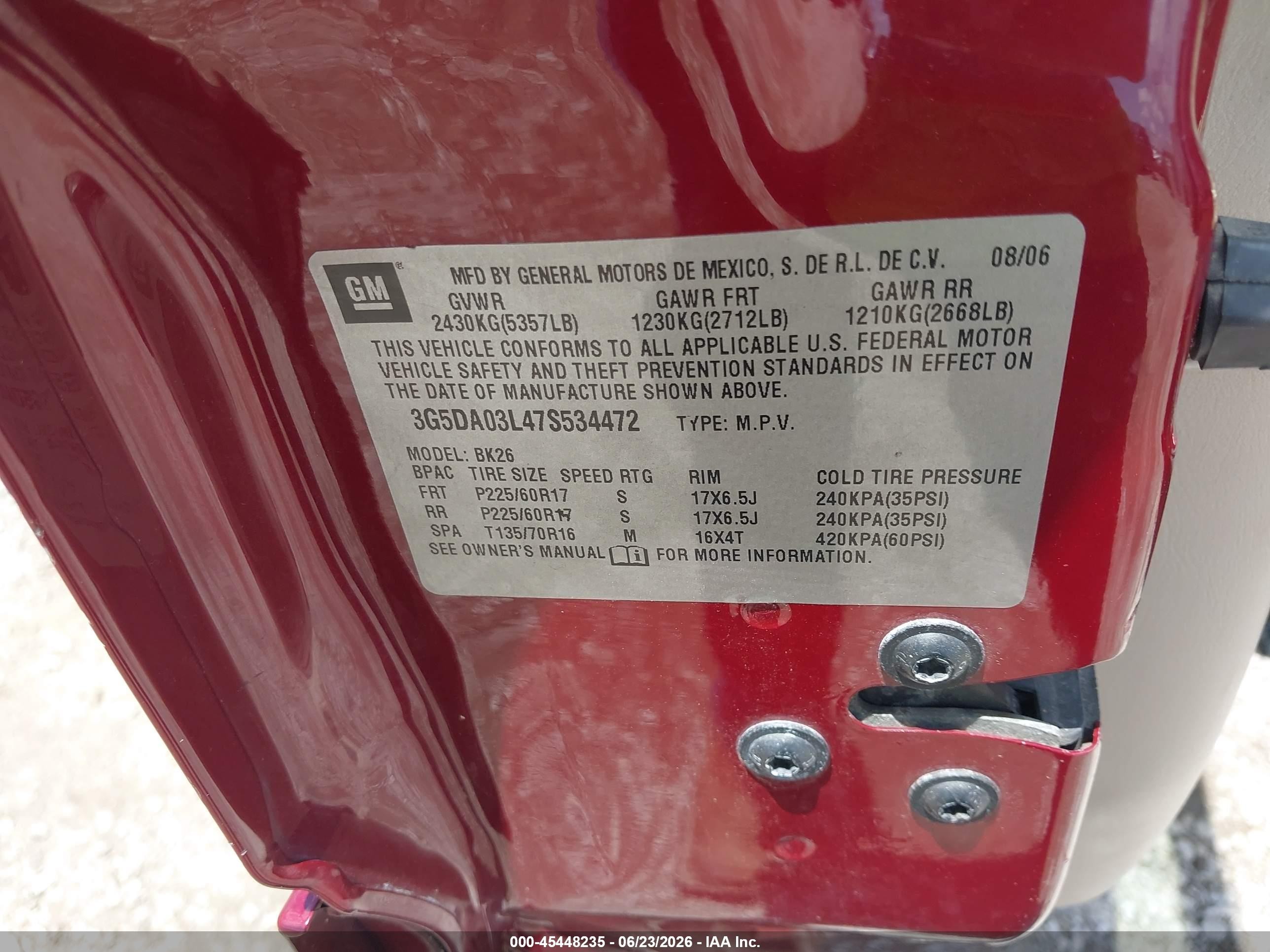 2007 Buick Rendezvous Cxl Red vin: 3G5DA03L47S534472