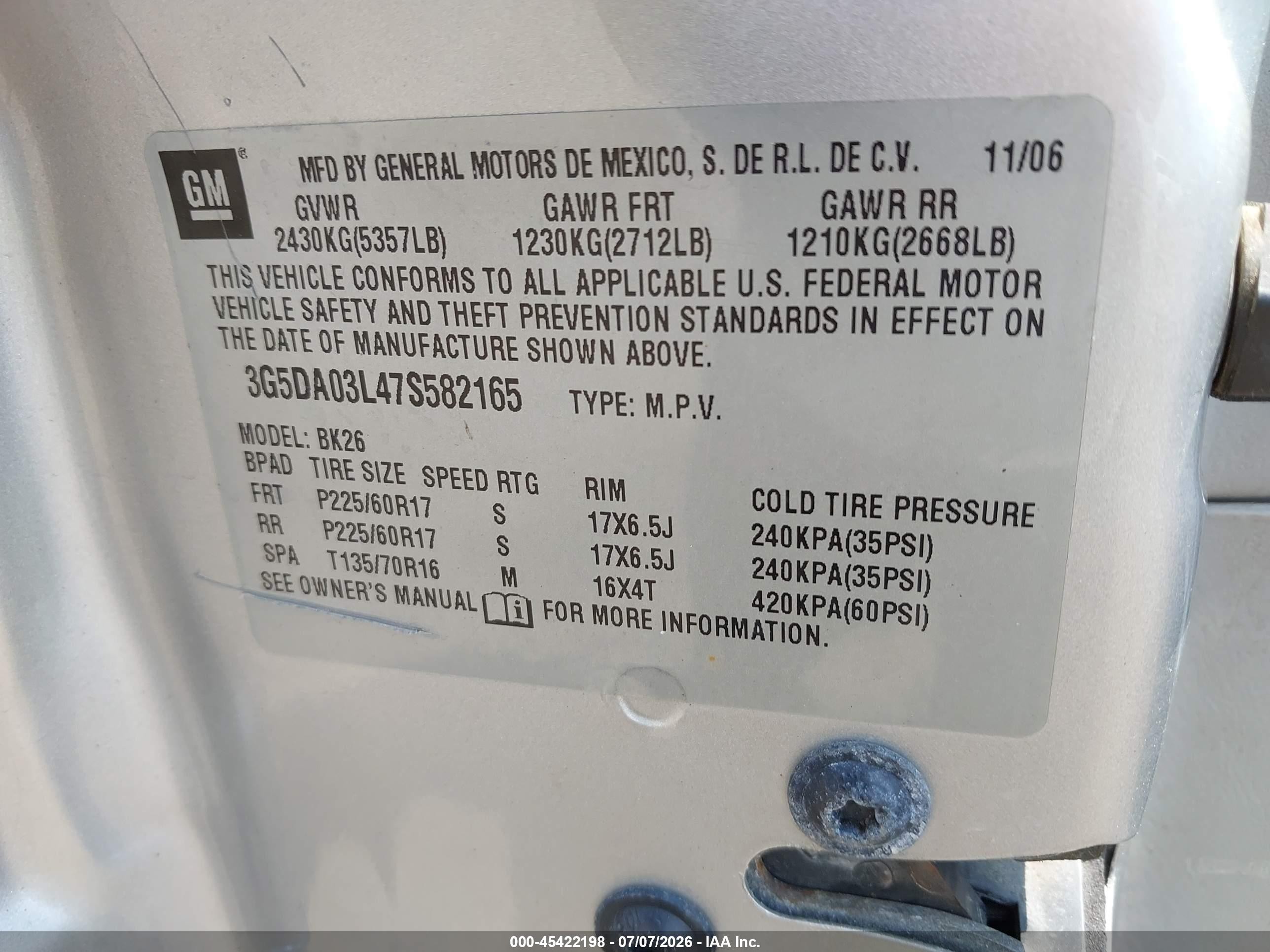 2007 Buick Rendezvous Cx Silver vin: 3G5DA03L47S582165