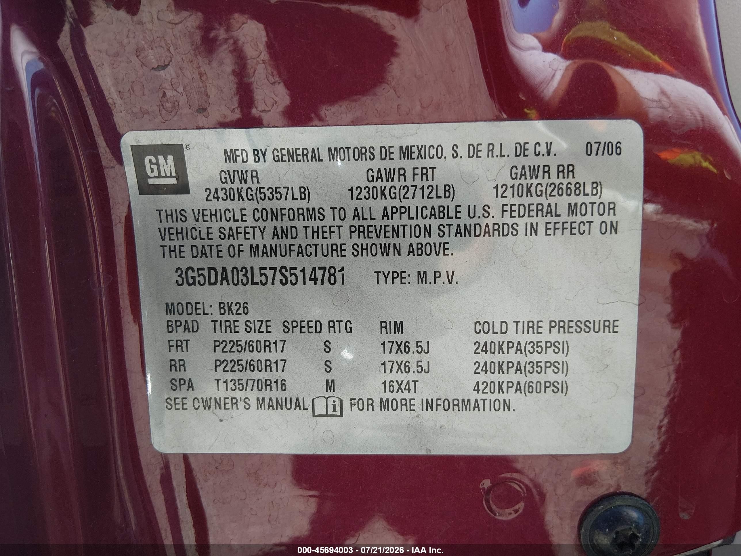 2007 Buick Rendezvous Cxl Red vin: 3G5DA03L57S514781
