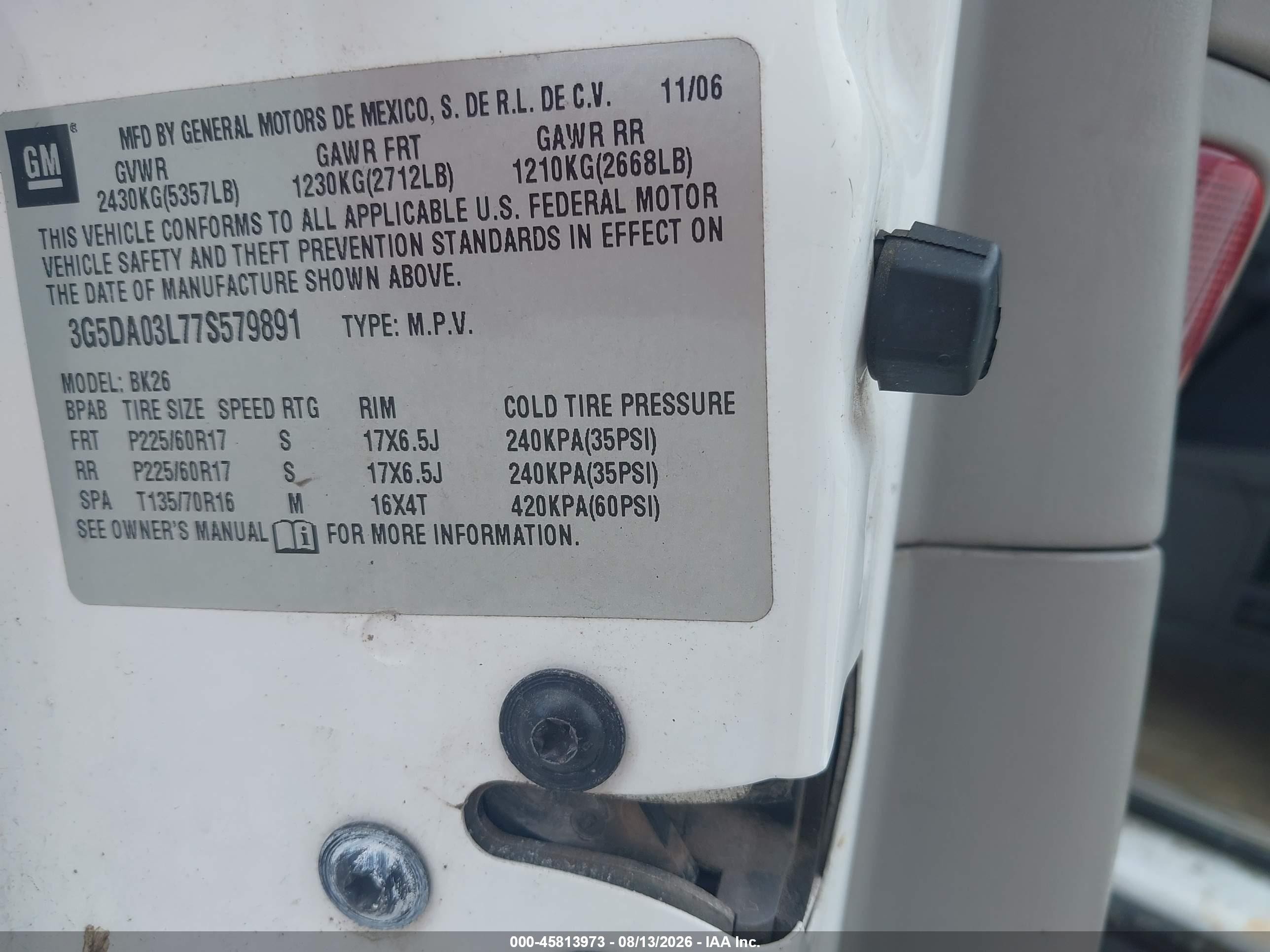 2007 Buick Rendezvous Cx White vin: 3G5DA03L77S579891