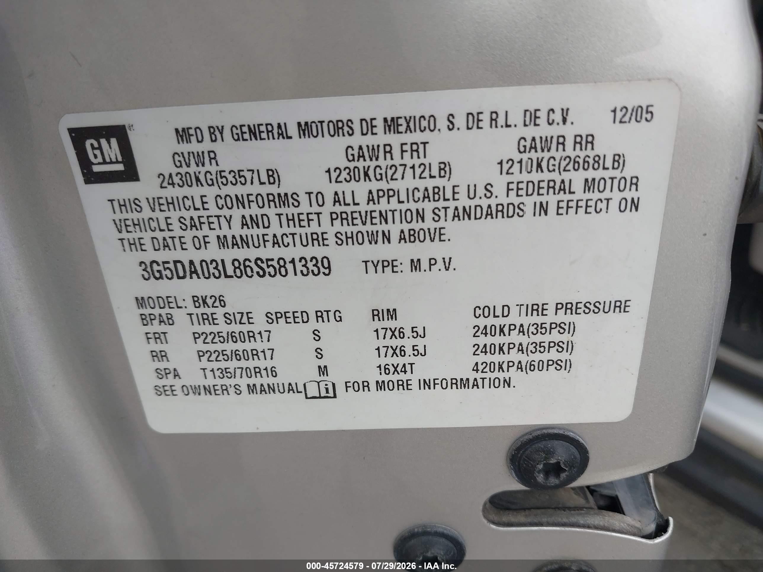 2006 Buick Rendezvous Cx Silver vin: 3G5DA03L86S581339