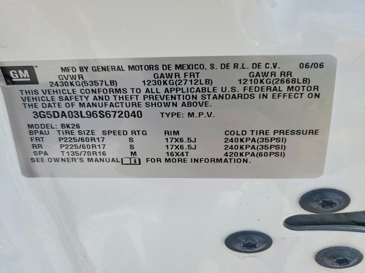 2006 Buick Rendezvous Cx White vin: 3G5DA03L96S672040
