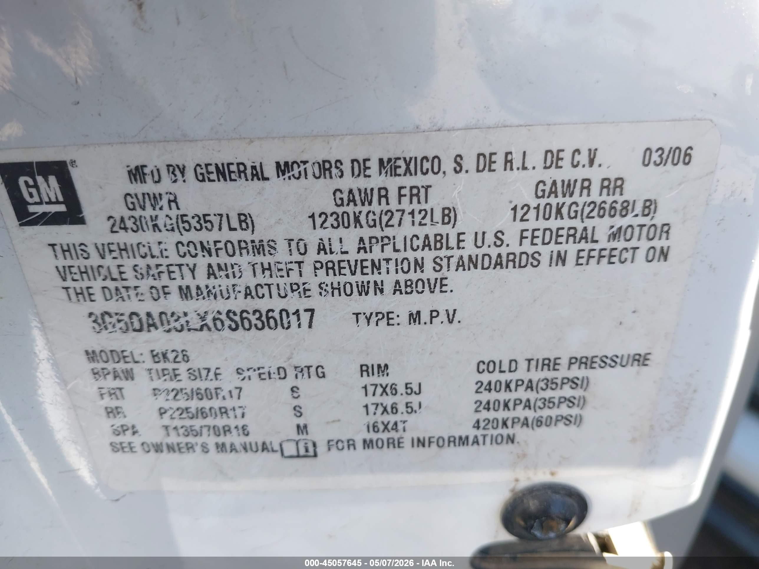 2006 Buick Rendezvous Cx White vin: 3G5DA03LX6S636017