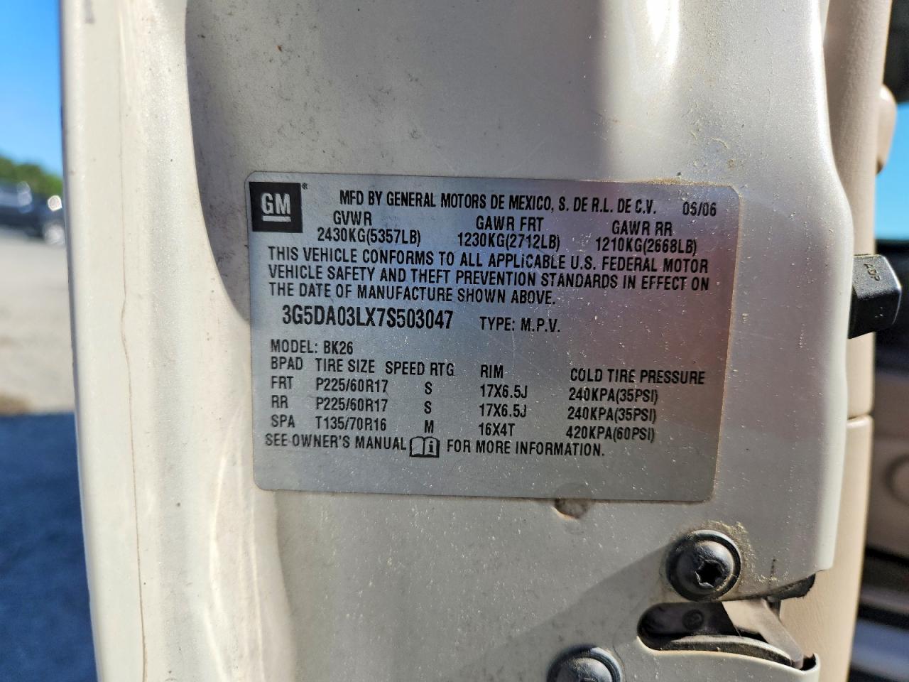 2007 Buick Rendezvous Cx Cream vin: 3G5DA03LX7S503047