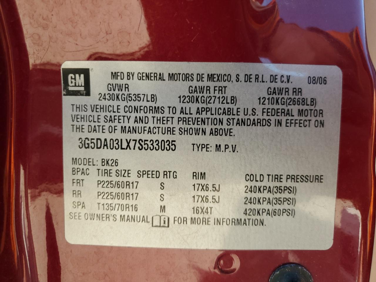 3G5DA03LX7S533035 — 2007 BUICK RENDEZVOUS | AutoHelperBot