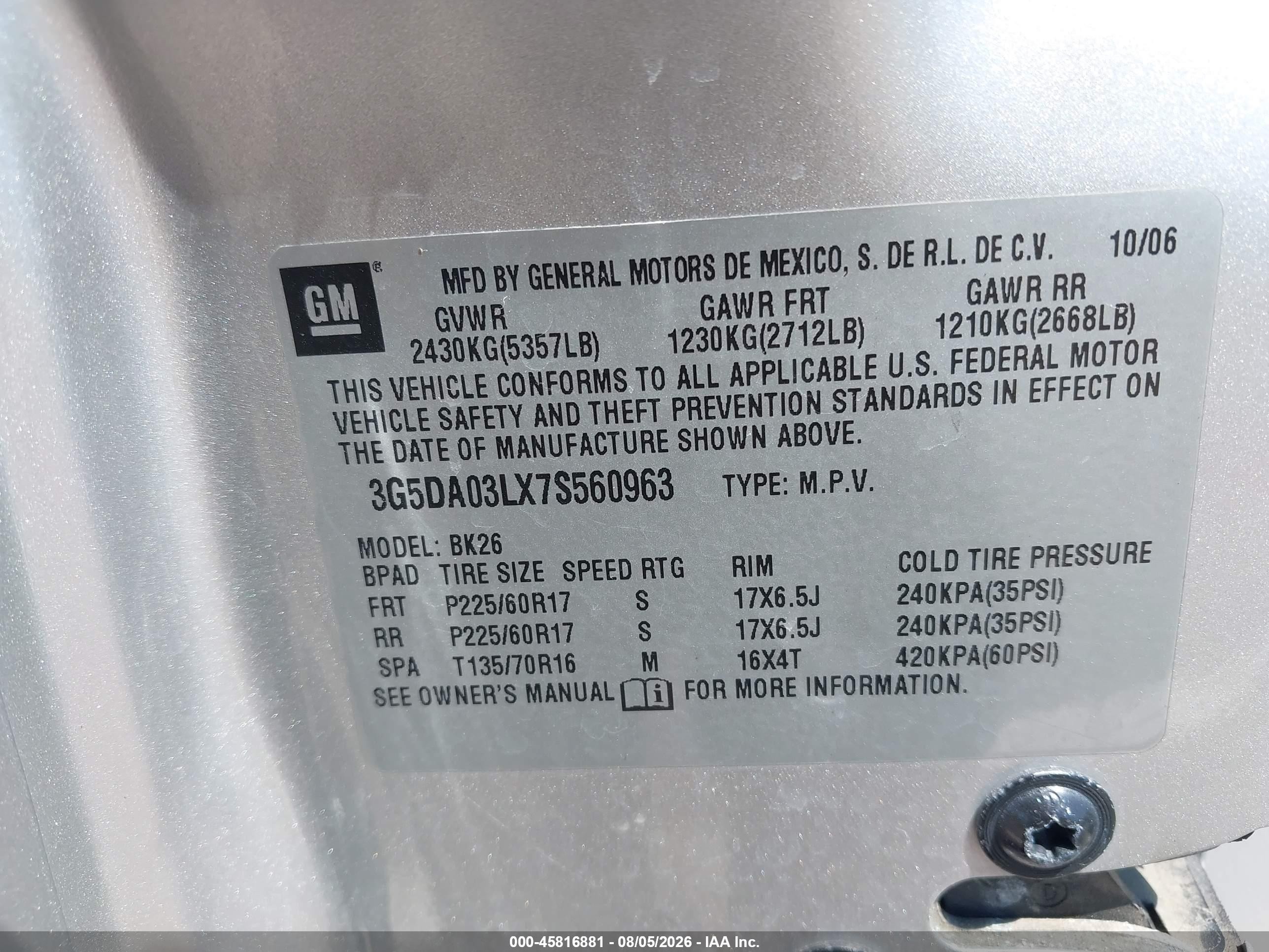 2007 Buick Rendezvous Cxl Silver vin: 3G5DA03LX7S560963