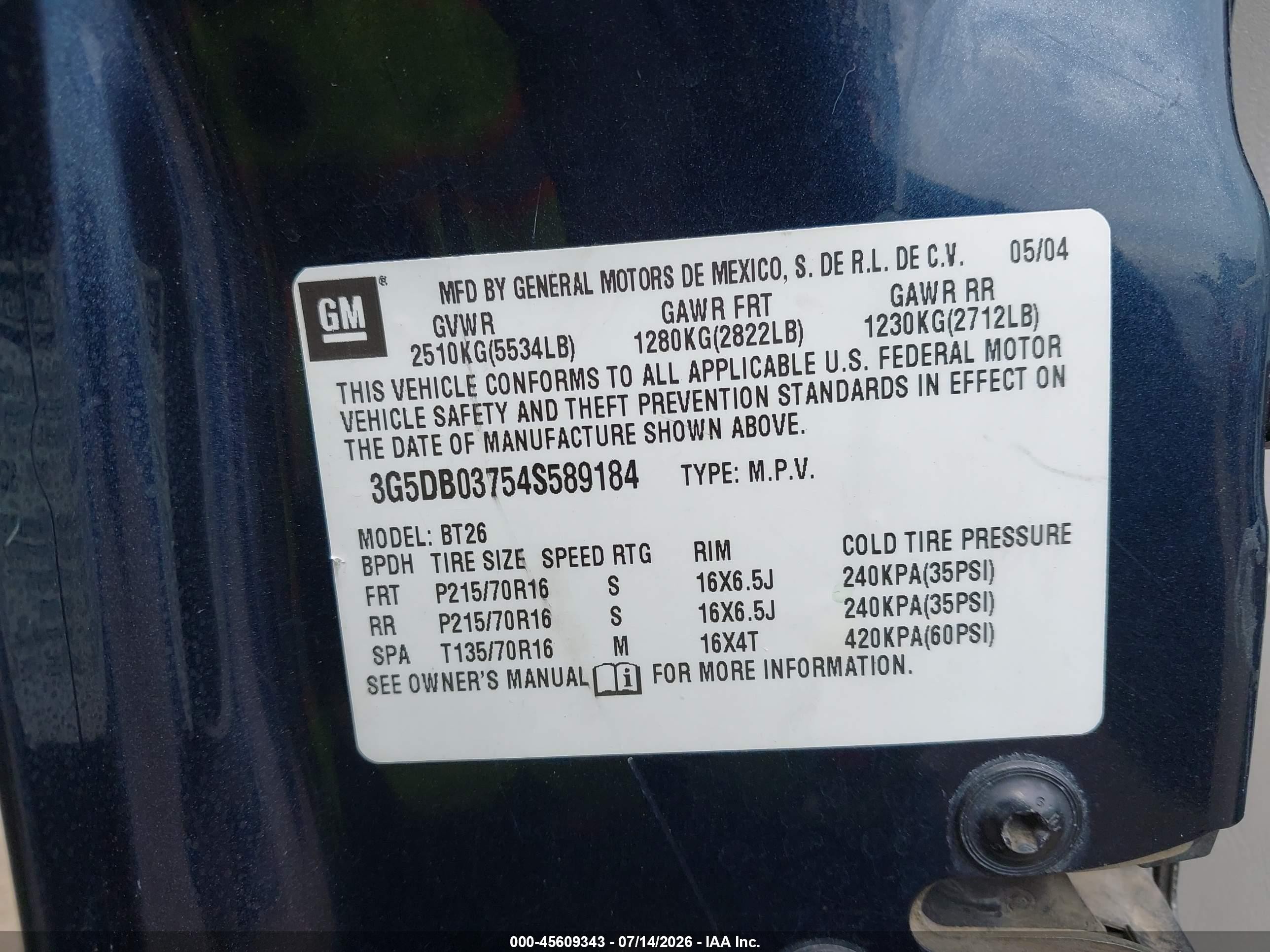 2004 Buick Rendezvous Cx Blue vin: 3G5DB03754S589184