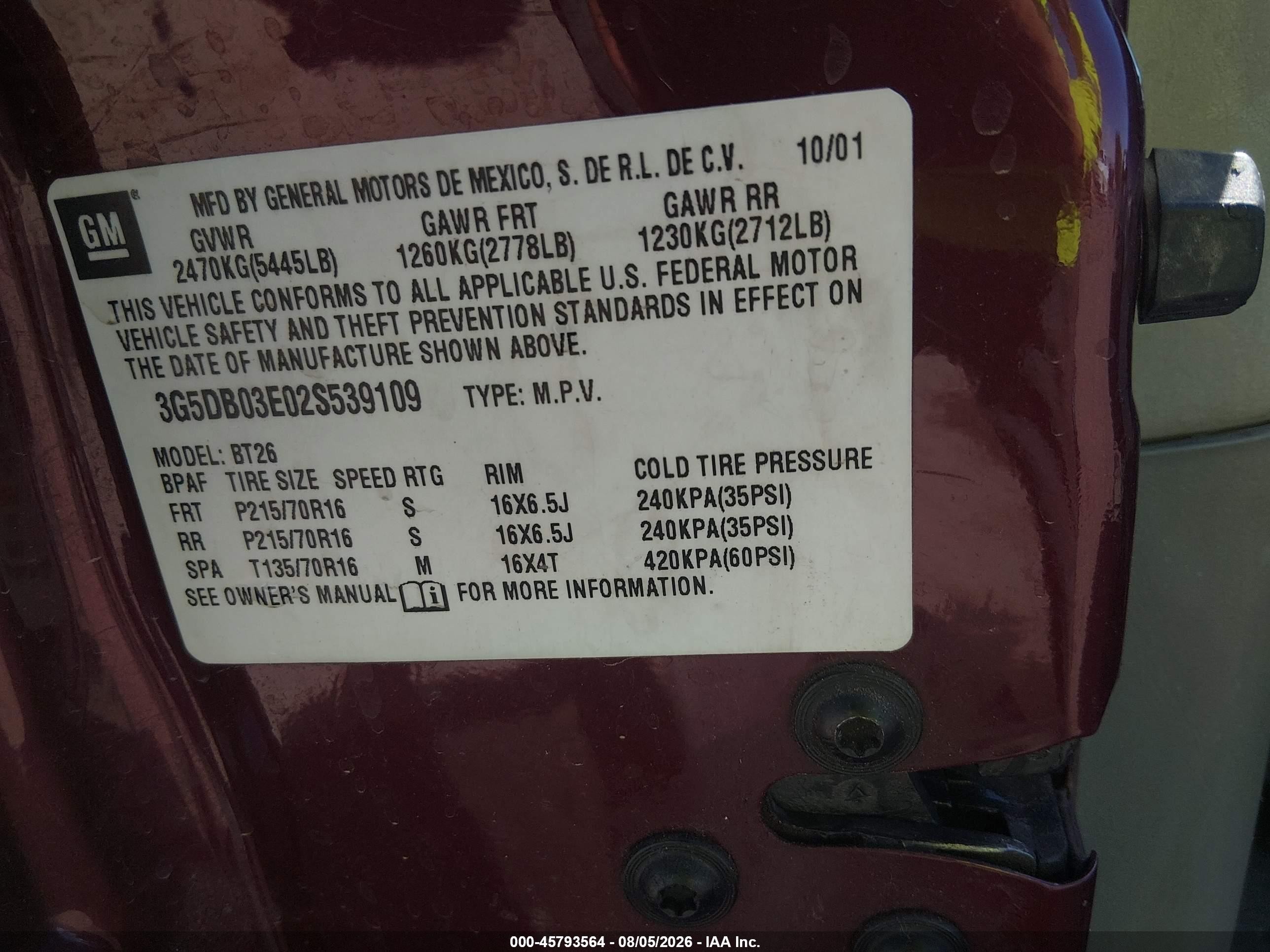 2002 Buick Rendezvous Cx Maroon vin: 3G5DB03E02S539109