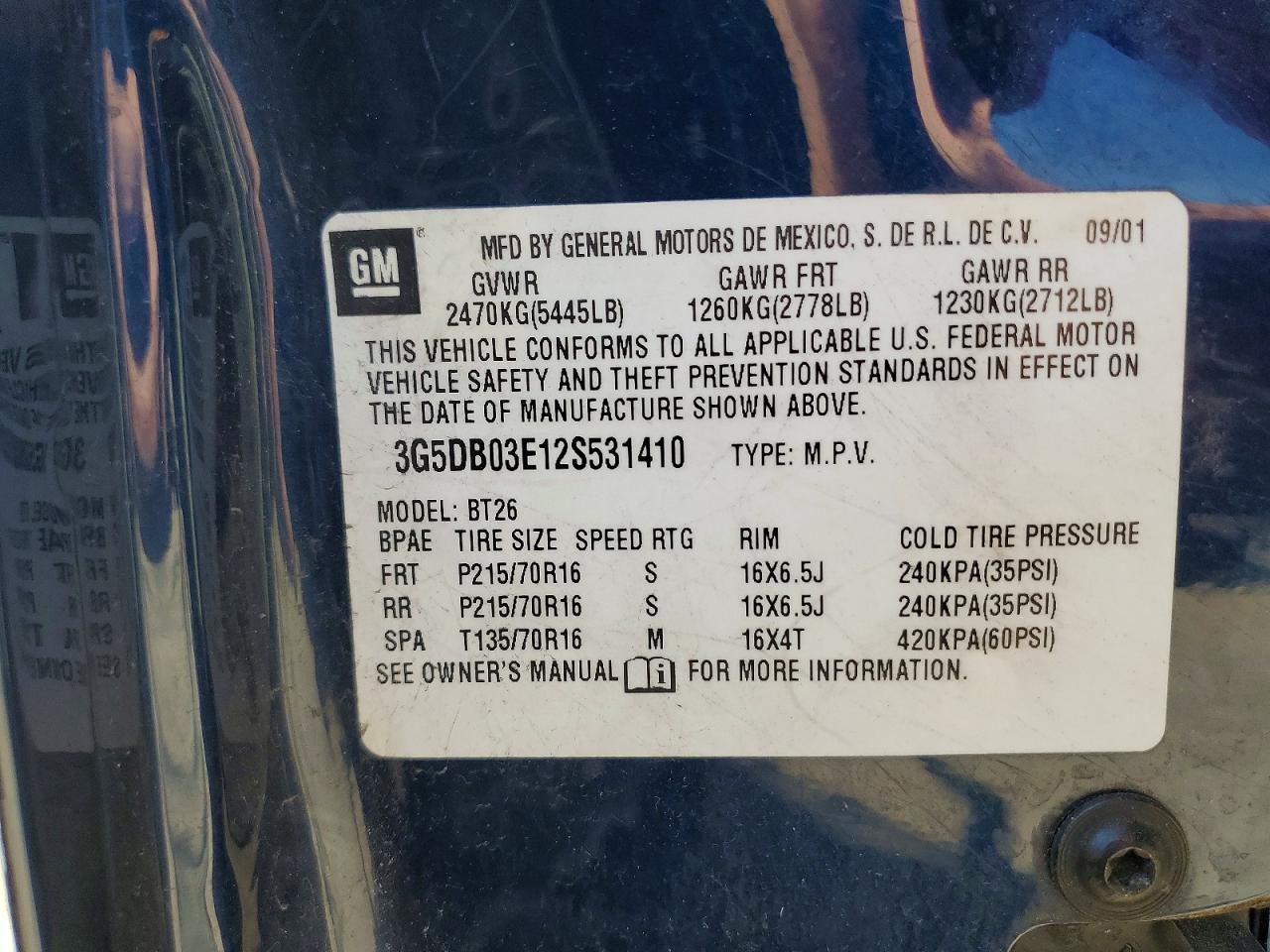 2002 Buick Rendezvous Cx Blue vin: 3G5DB03E12S531410