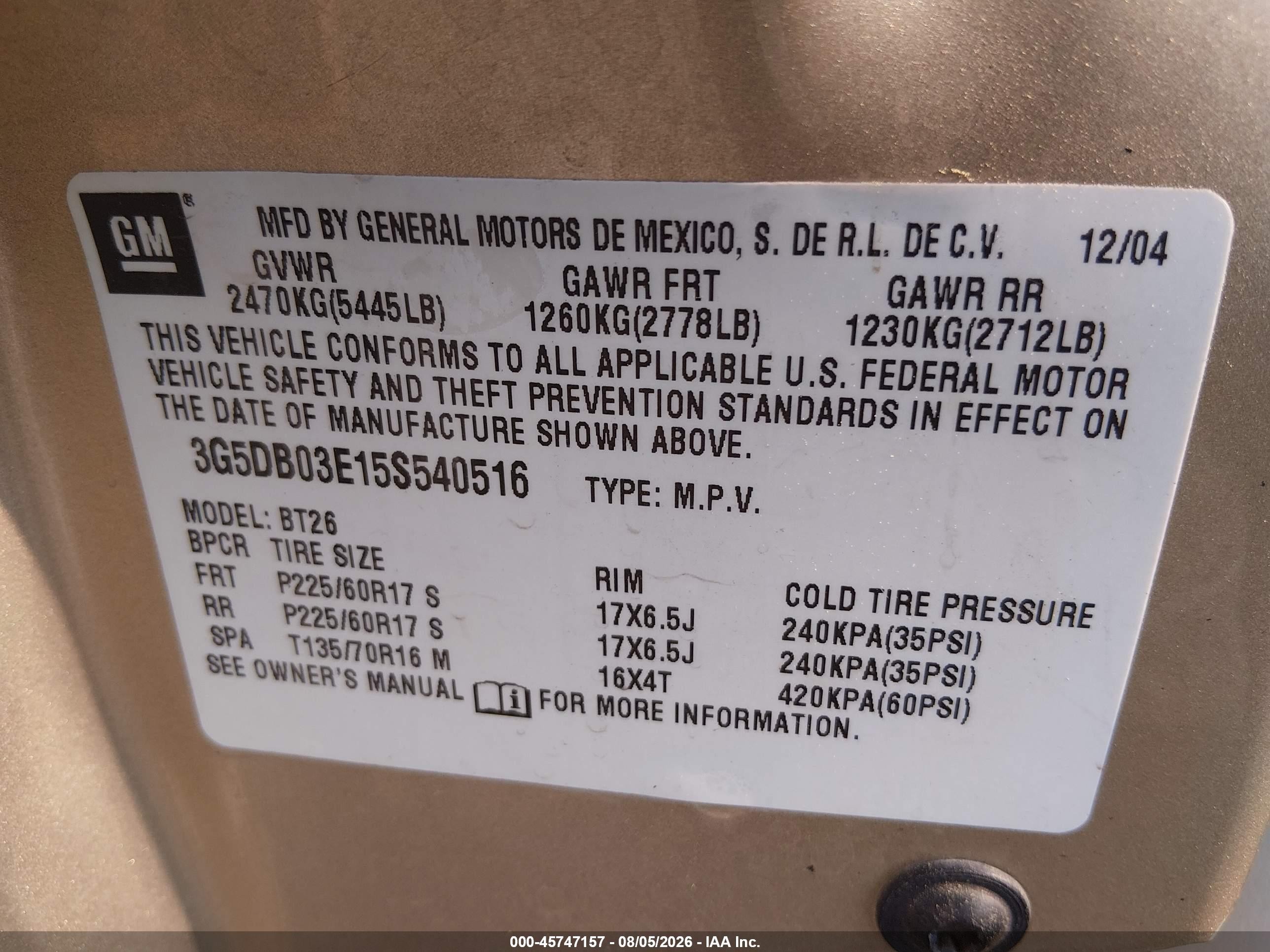 2005 Buick Rendezvous Cx Tan vin: 3G5DB03E15S540516