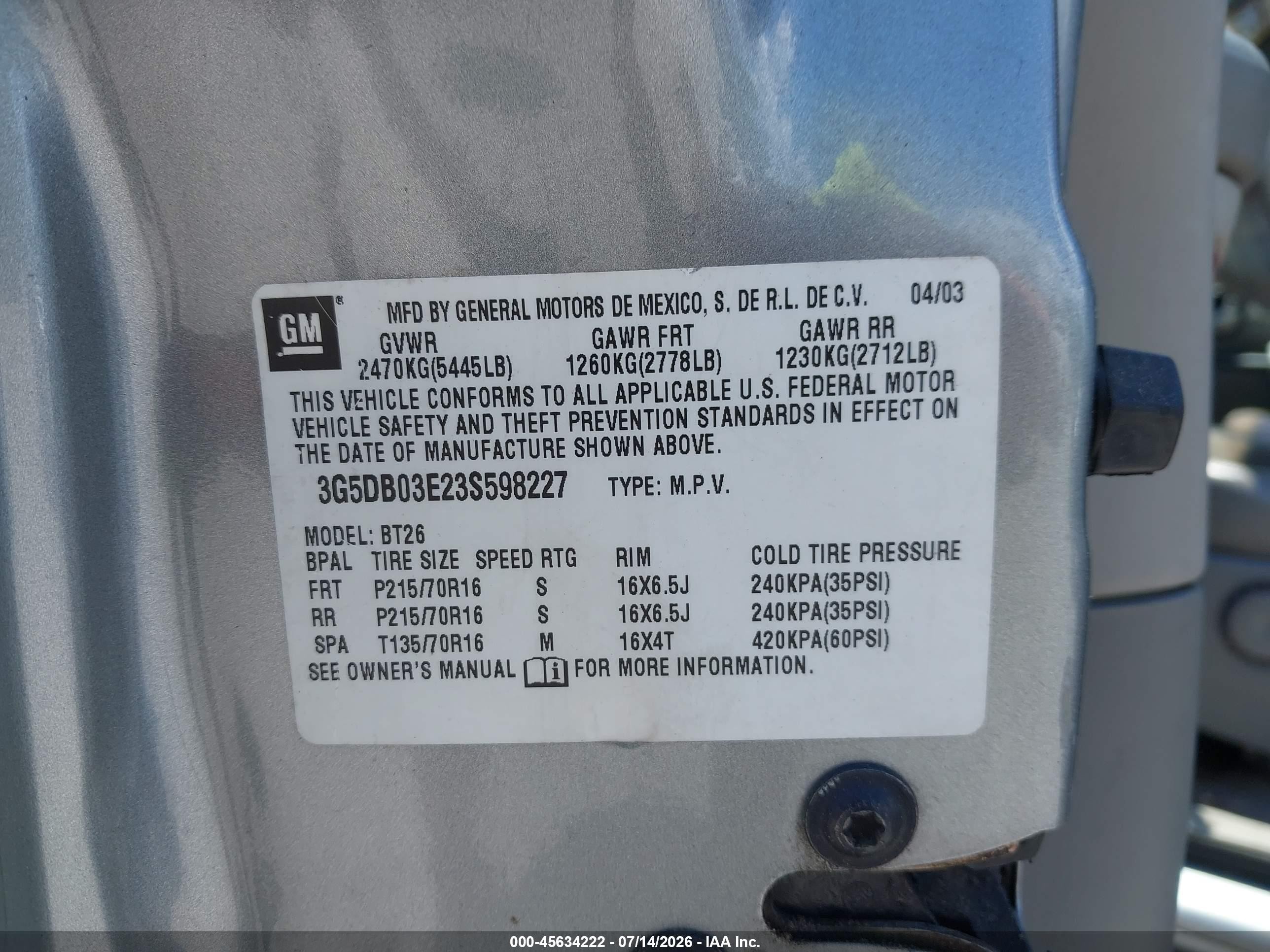 2003 Buick Rendezvous Cxl Silver vin: 3G5DB03E23S598227