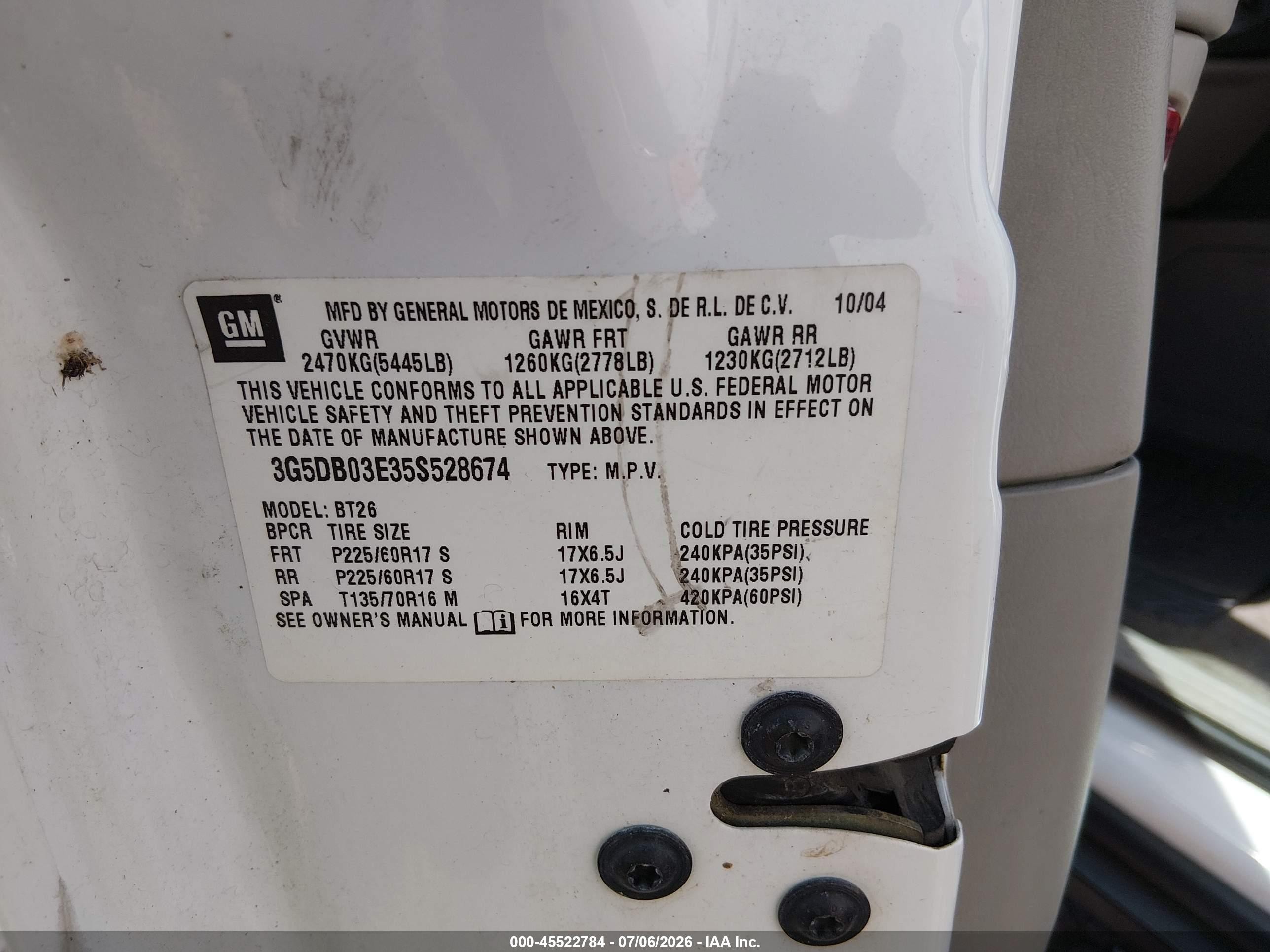 2005 Buick Rendezvous Cx White vin: 3G5DB03E35S528674