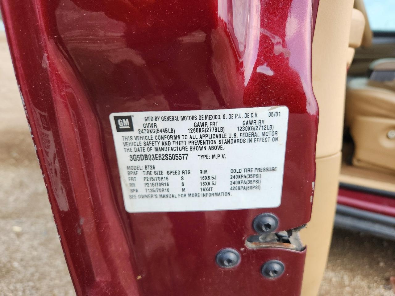 2002 Buick Rendezvous Cx Maroon vin: 3G5DB03E62S505577