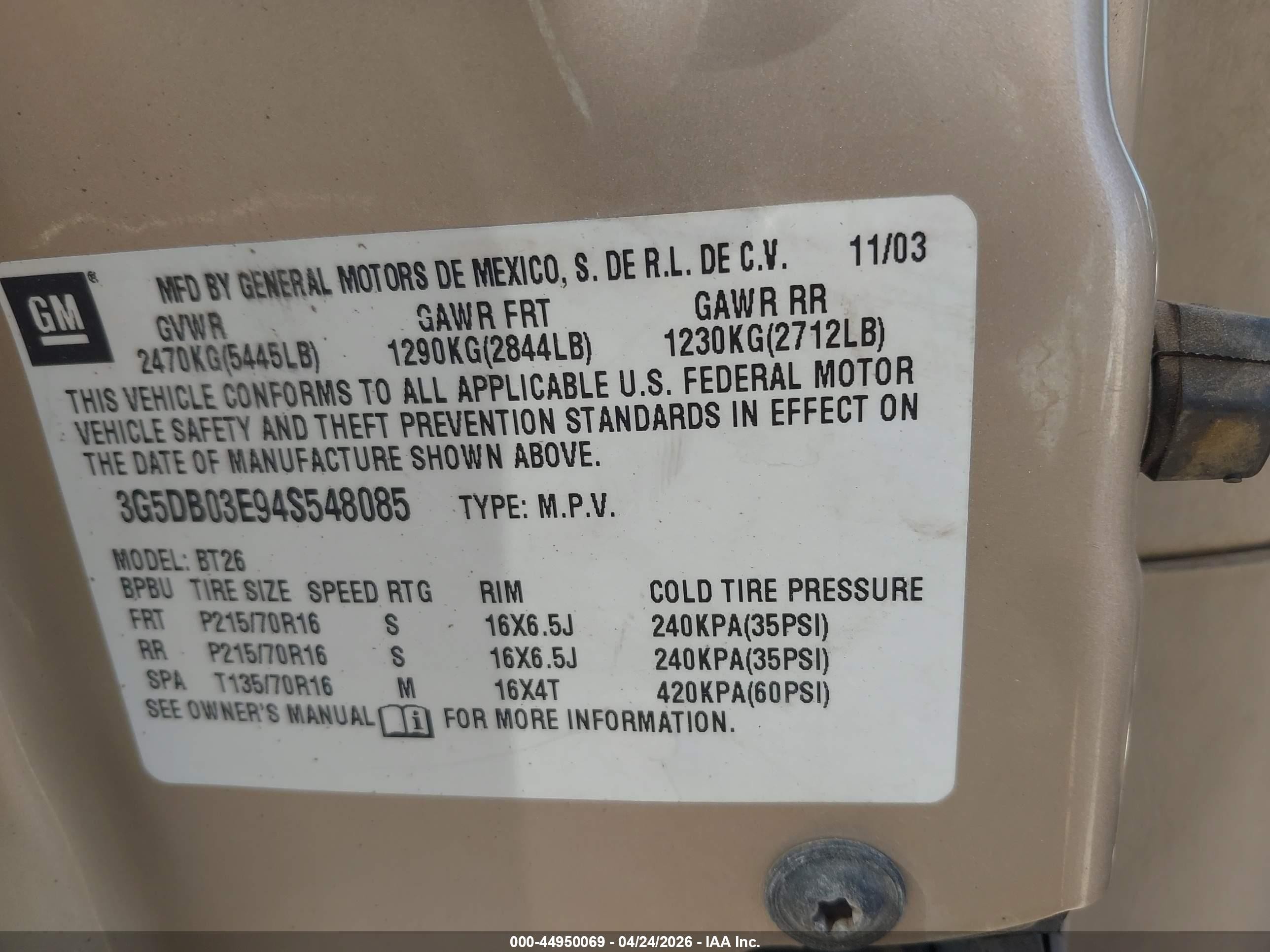 2004 Buick Rendezvous Cx Tan vin: 3G5DB03E94S548085