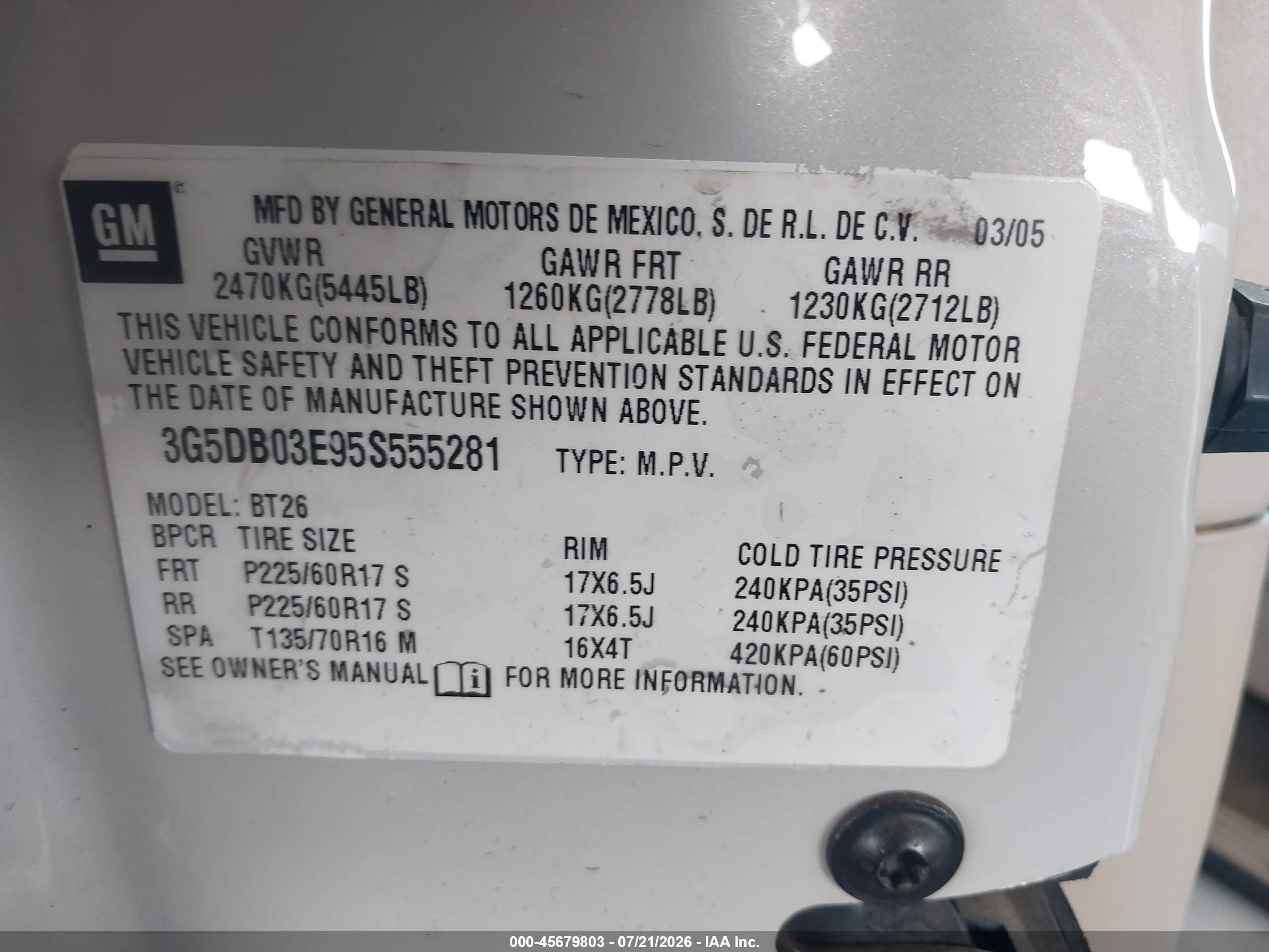 2005 Buick Rendezvous Cx White vin: 3G5DB03E95S555281