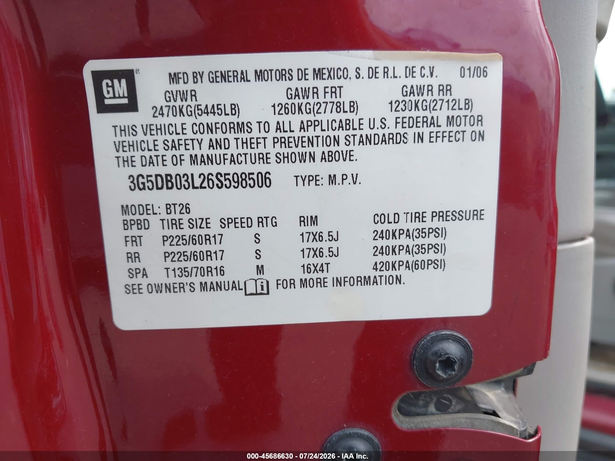 2006 Buick Rendezvous Cx Красный vin: 3G5DB03L26S598506