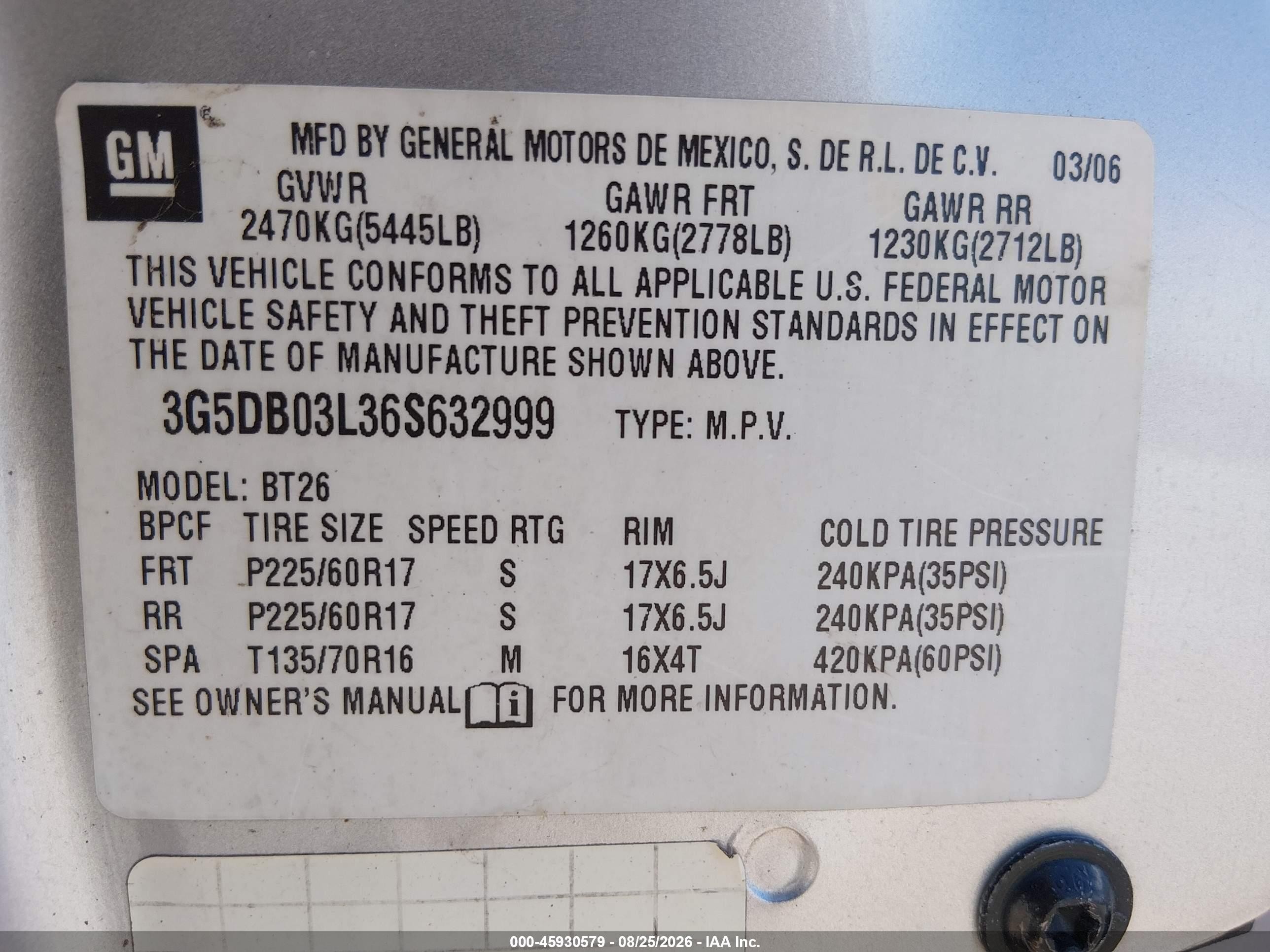 2006 Buick Rendezvous Cx Желто-коричневый vin: 3G5DB03L36S632999