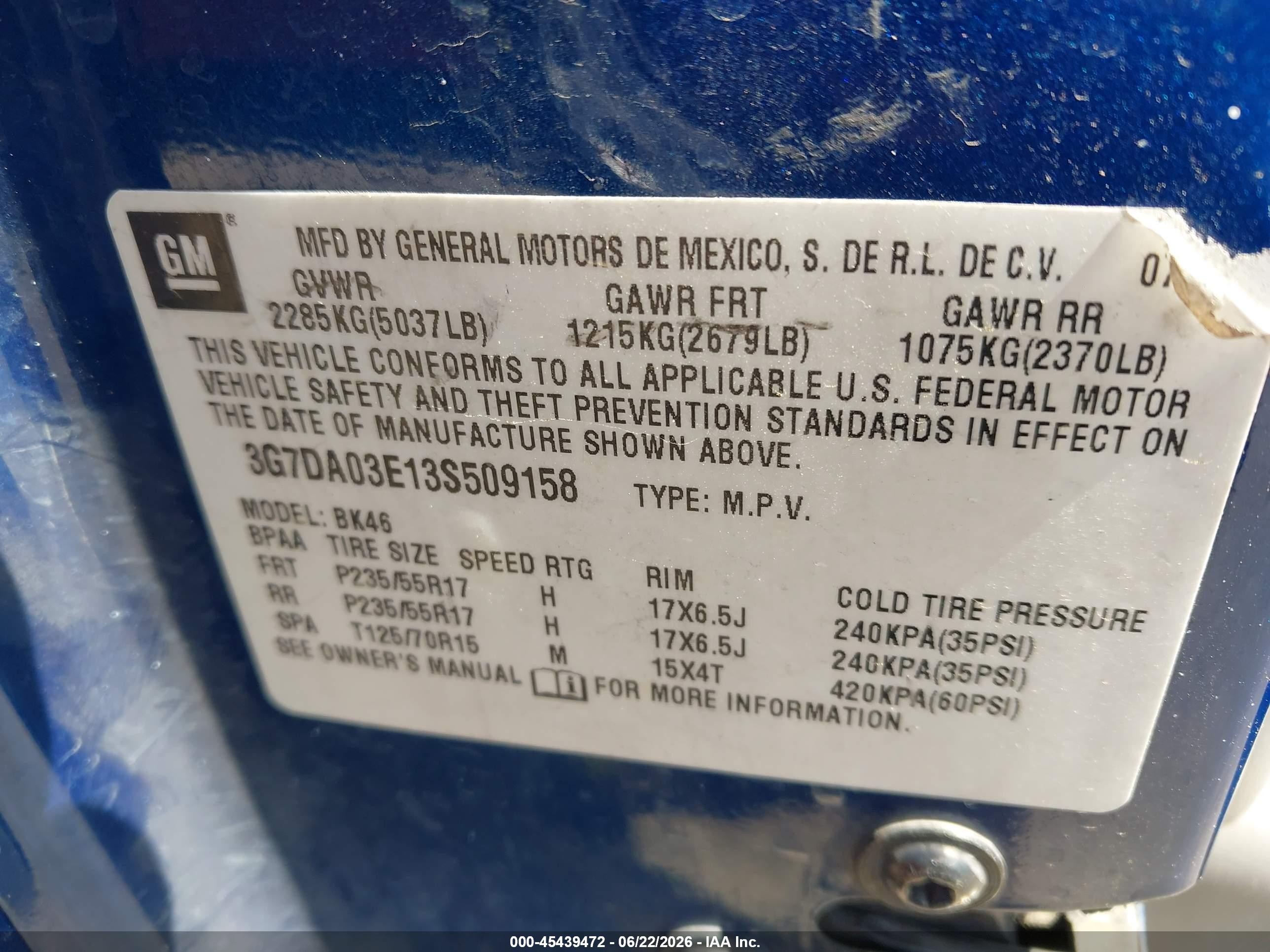 2003 Pontiac Aztek   Blue vin: 3G7DA03E13S509158