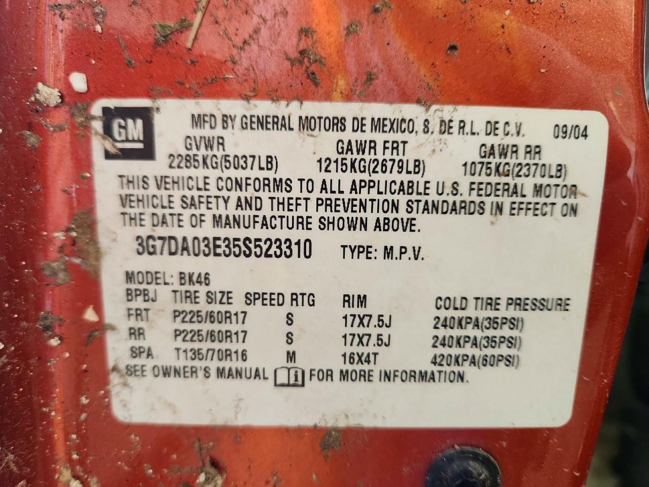 2005 Pontiac Aztek Orange vin: 3G7DA03E35S523310