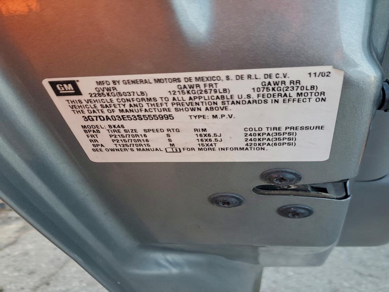 2003 Pontiac Aztek Silver vin: 3G7DA03E53S555995