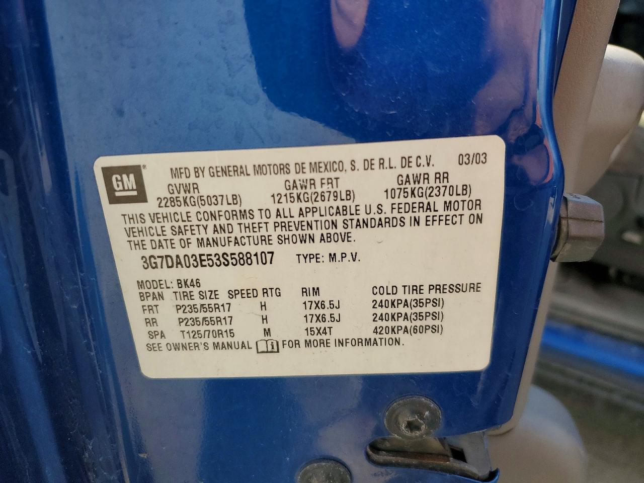 2003 Pontiac Aztek Blue vin: 3G7DA03E53S588107
