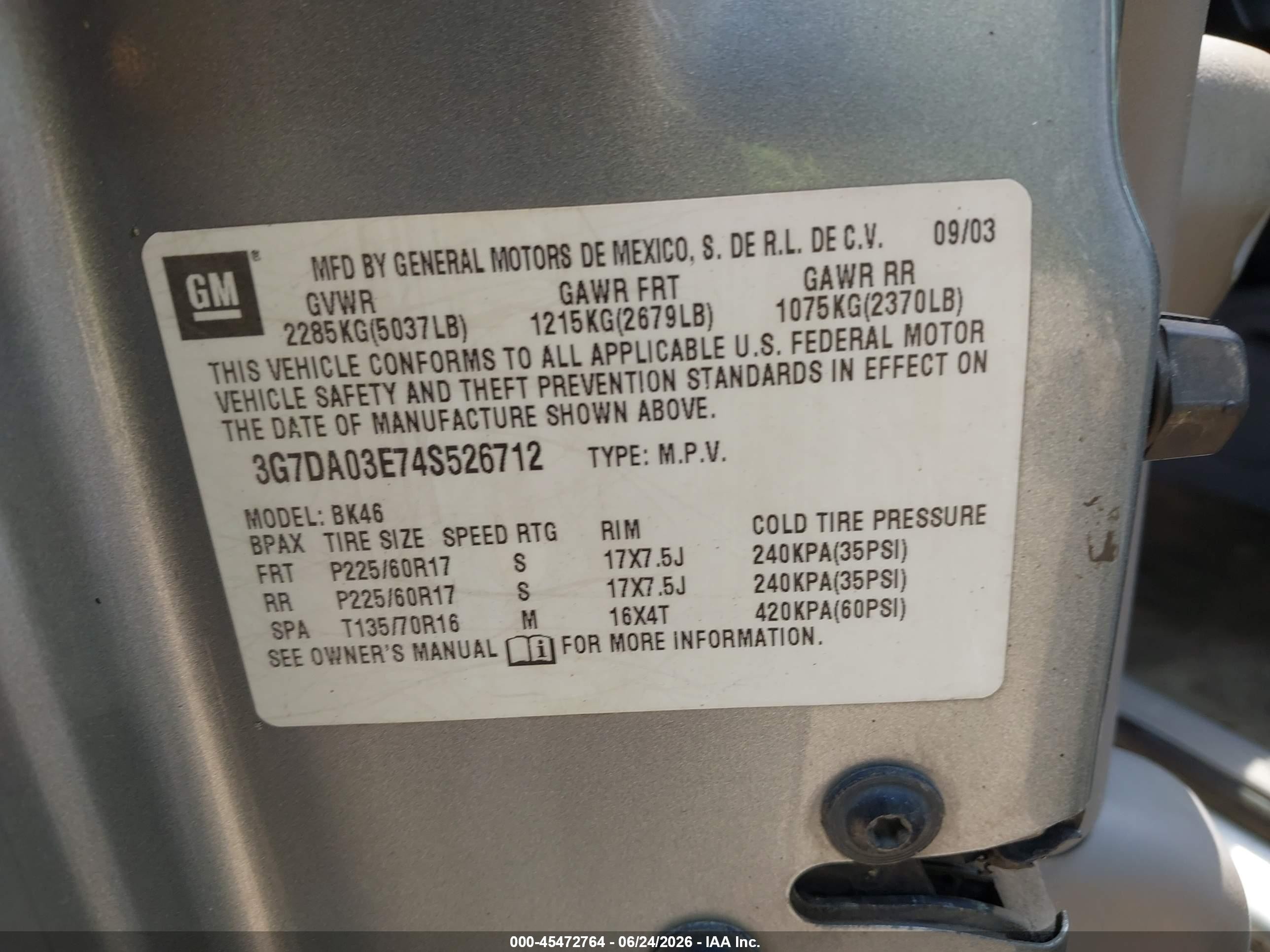 2004 Pontiac Aztek   Silver vin: 3G7DA03E74S526712