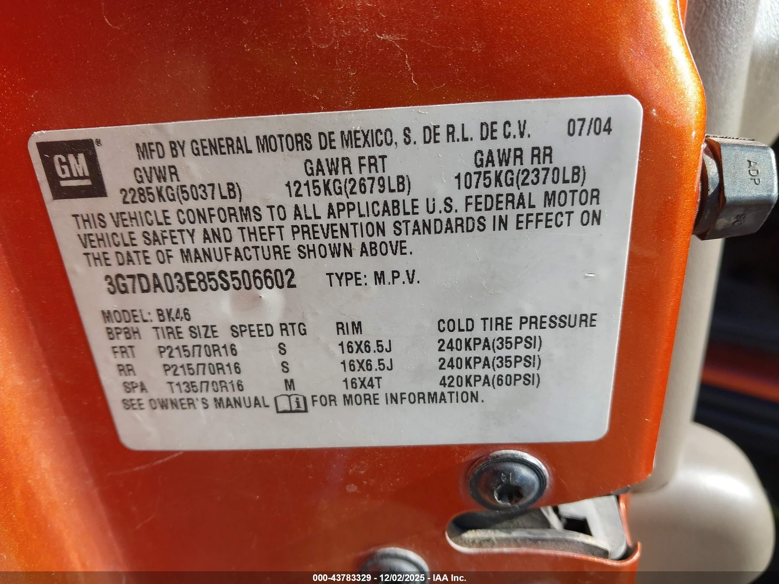 2005 Pontiac Aztek   Orange vin: 3G7DA03E85S506602