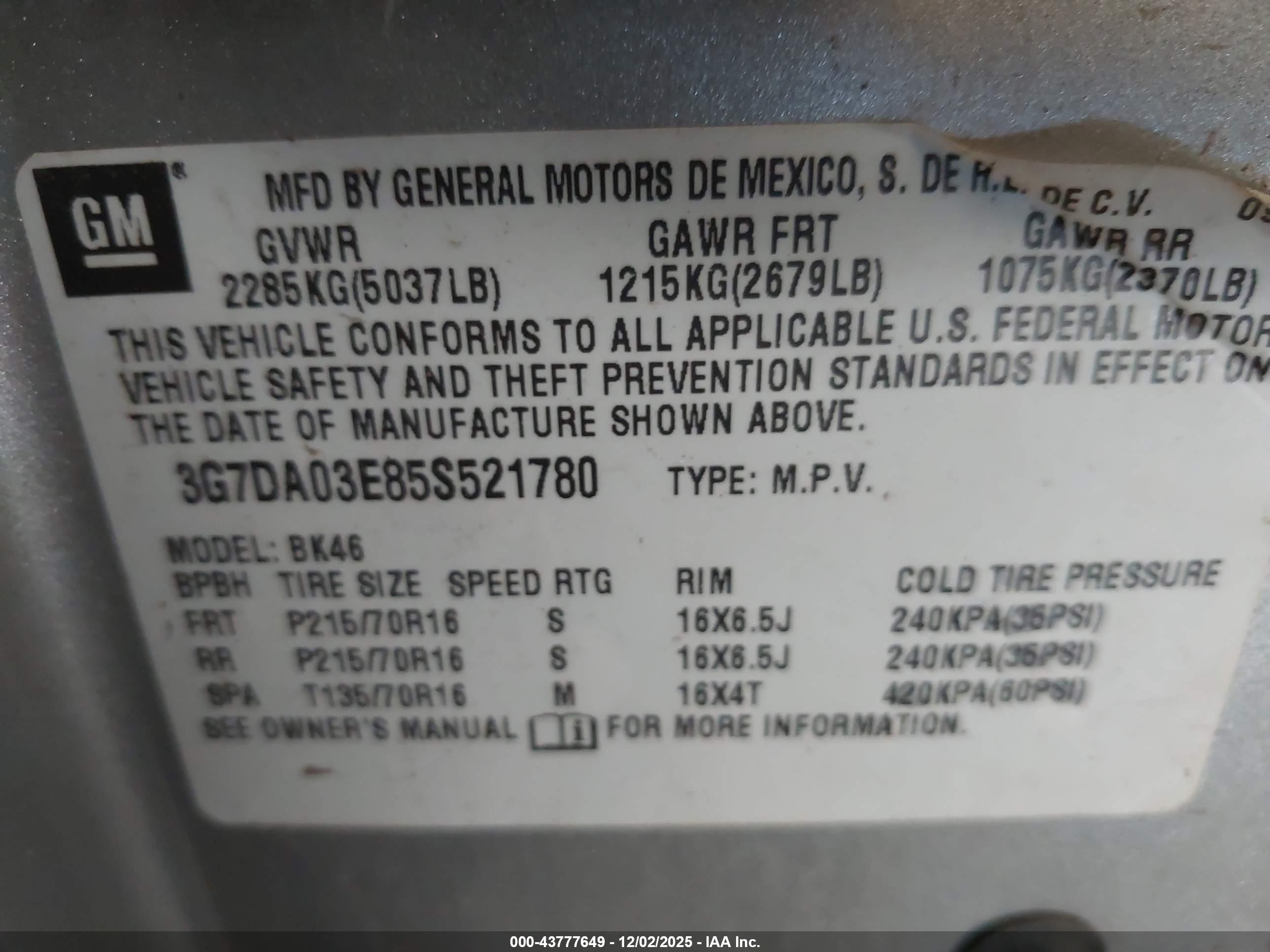 2005 Pontiac Aztek   Silver vin: 3G7DA03E85S521780