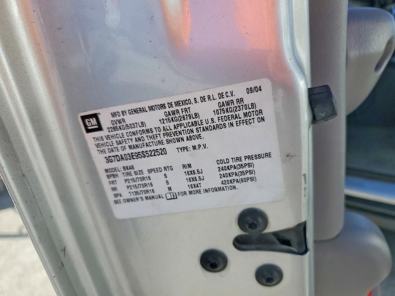 2005 Pontiac Aztek Silver vin: 3G7DA03E95S522520