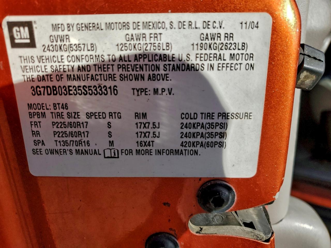 2005 Pontiac Aztek Orange vin: 3G7DB03E35S533316