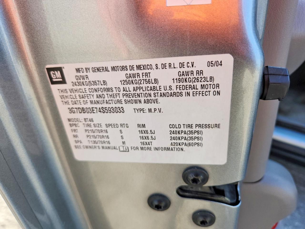 2004 Pontiac Aztek Silver vin: 3G7DB03E74S593033