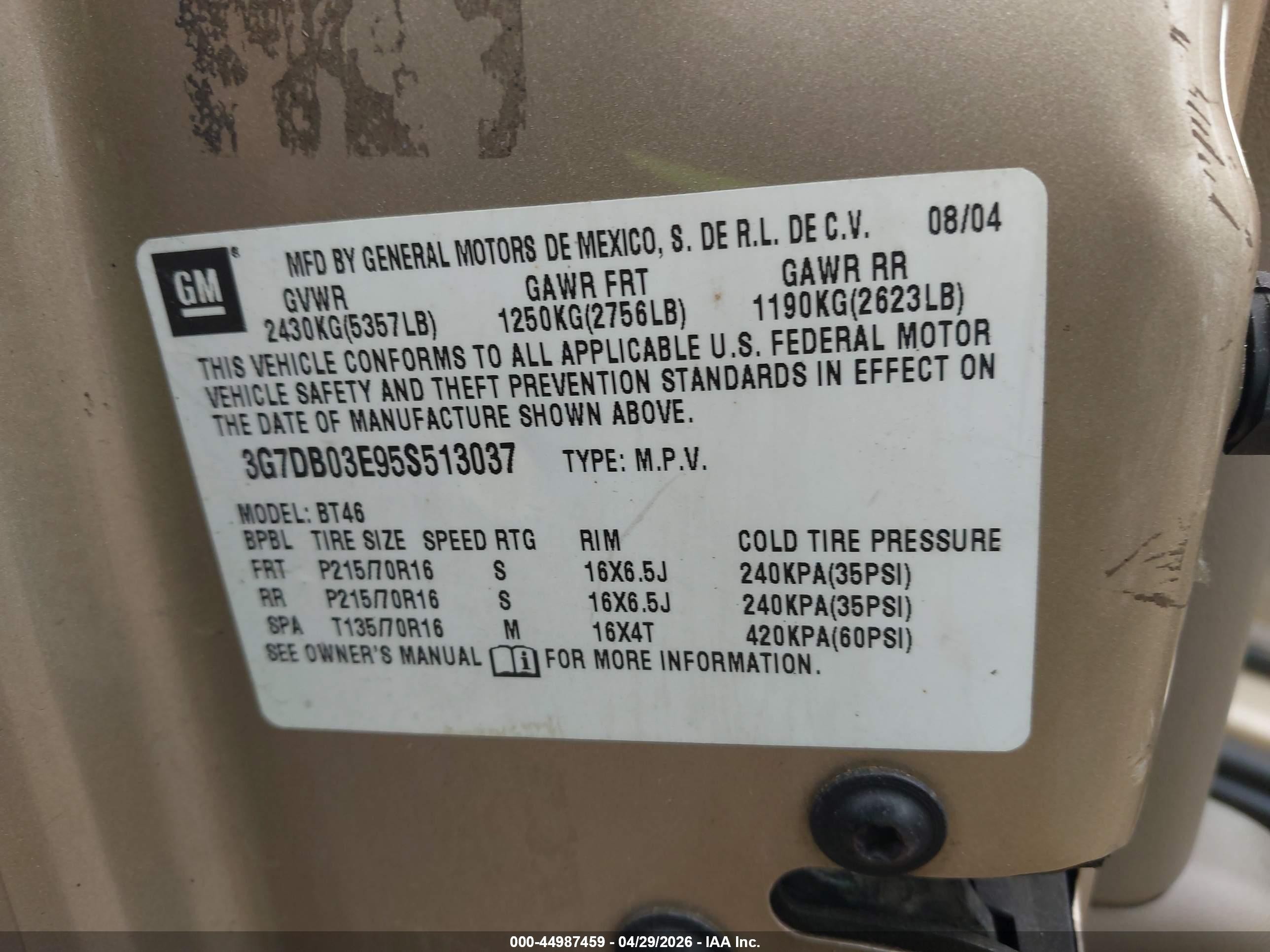 2005 Pontiac Aztek   Gold vin: 3G7DB03E95S513037
