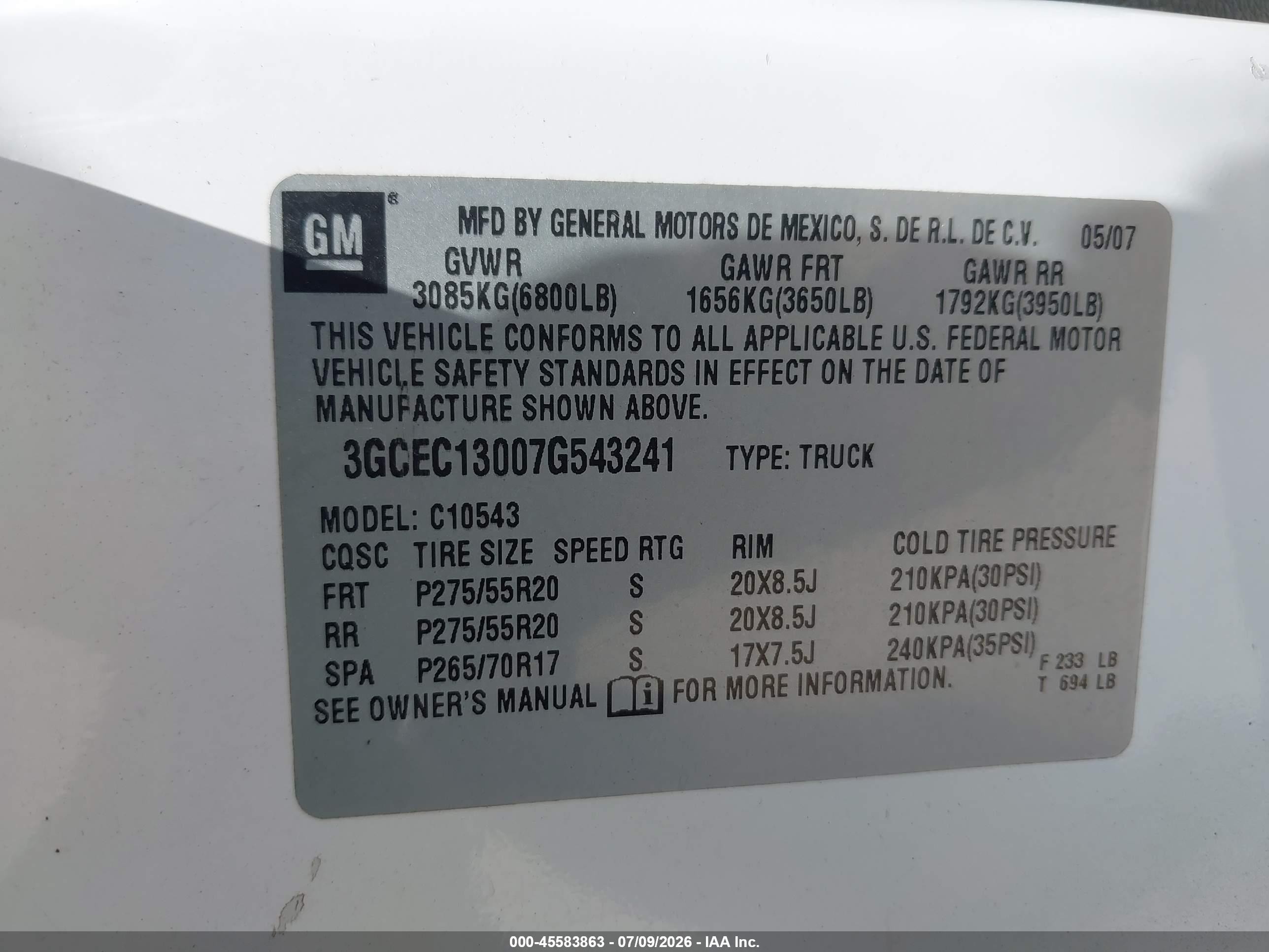2007 Chevrolet Silverado 1500 Ltz White vin: 3GCEC13007G543241