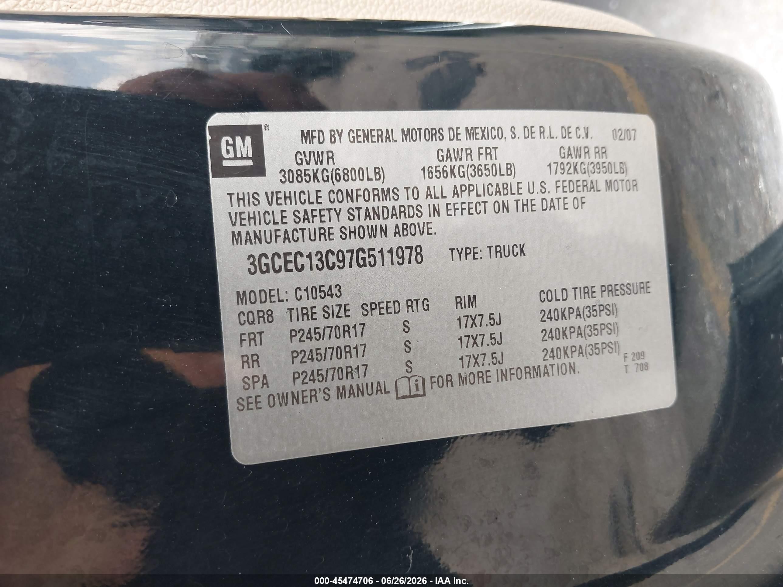 2007 Chevrolet Silverado 1500 Lt1 Black vin: 3GCEC13C97G511978