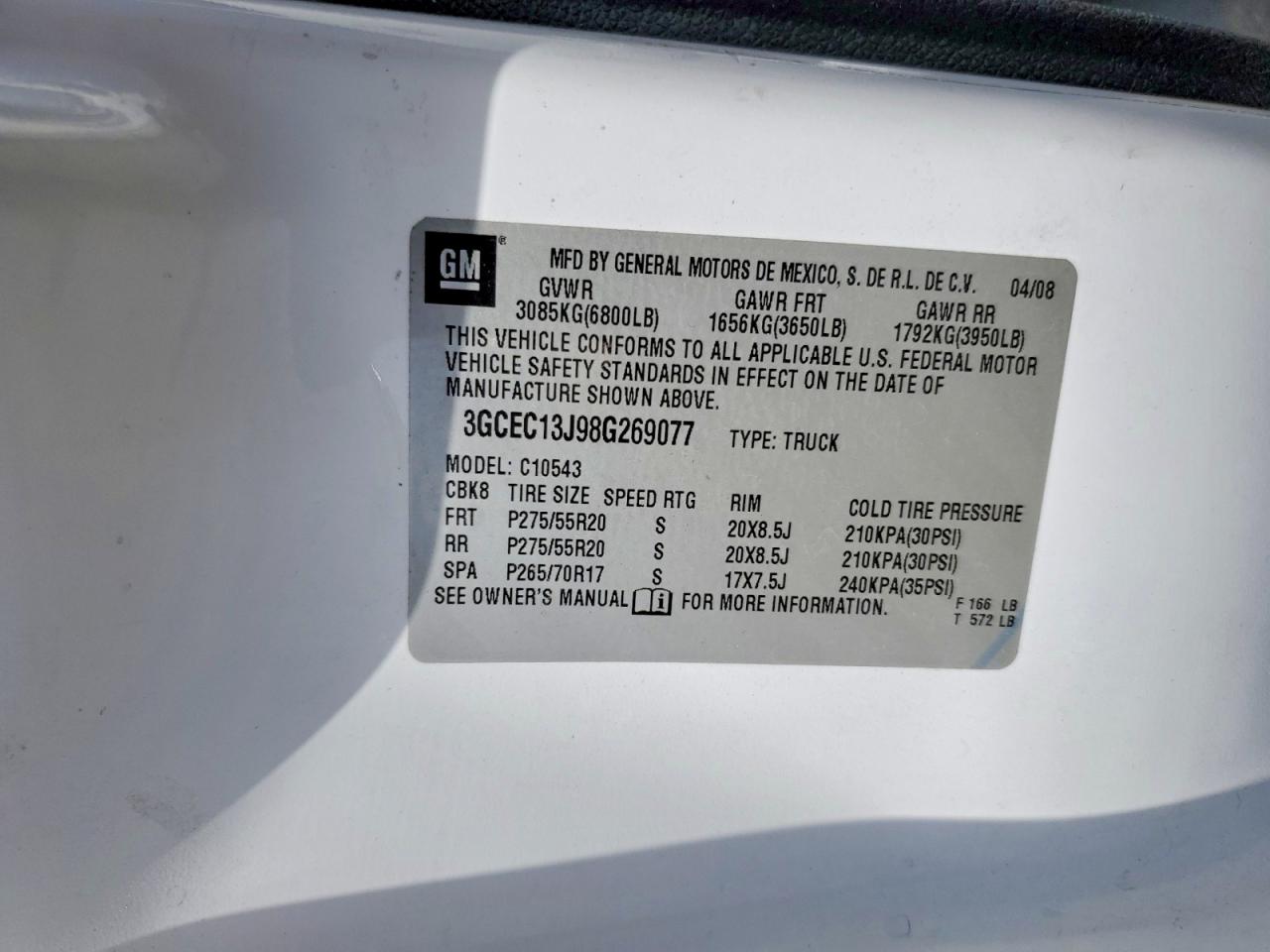 2008 Chevrolet Silverado C1500 White vin: 3GCEC13J98G269077
