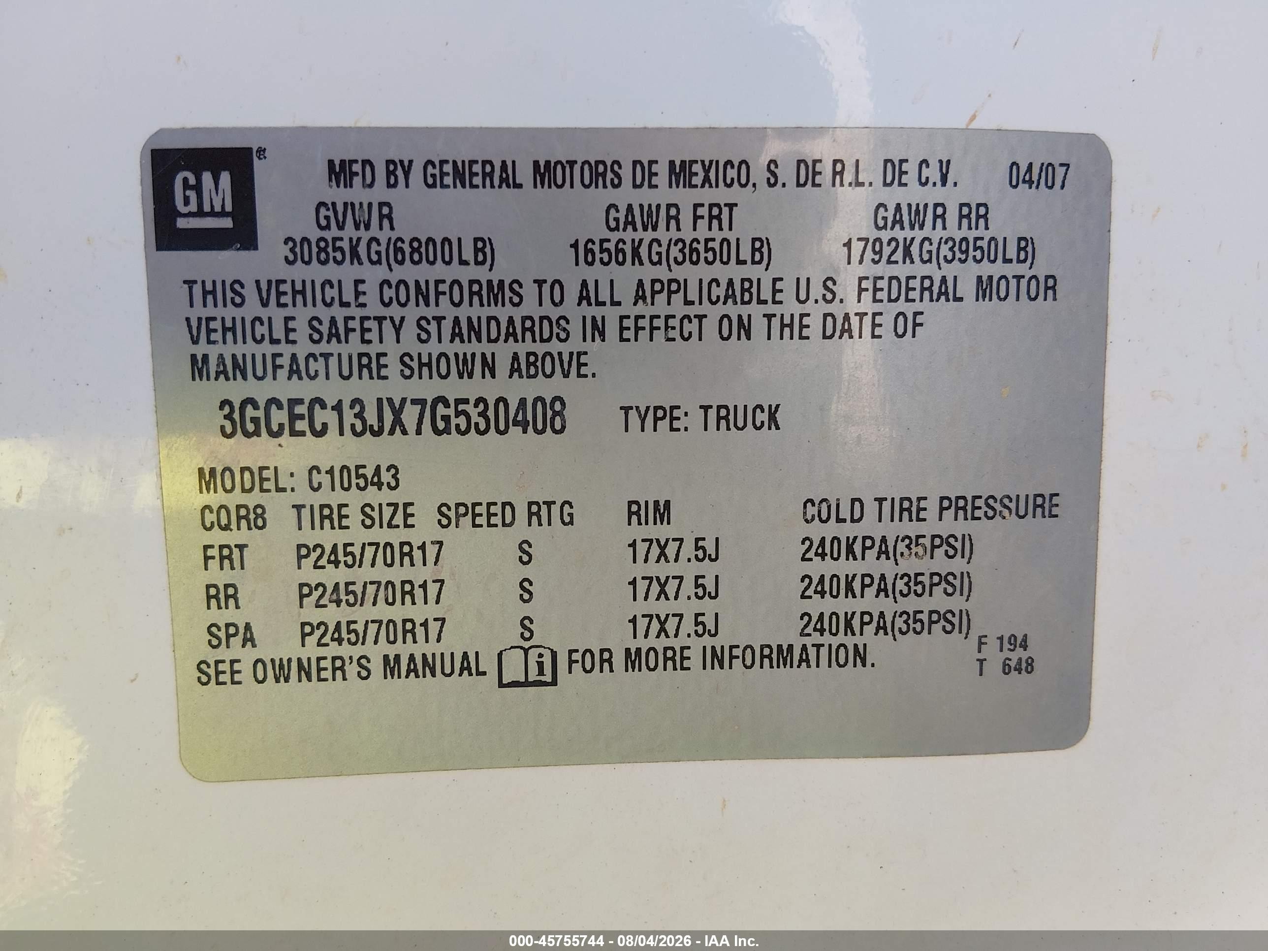 2007 Chevrolet Silverado 1500 Lt1 Белый vin: 3GCEC13JX7G530408