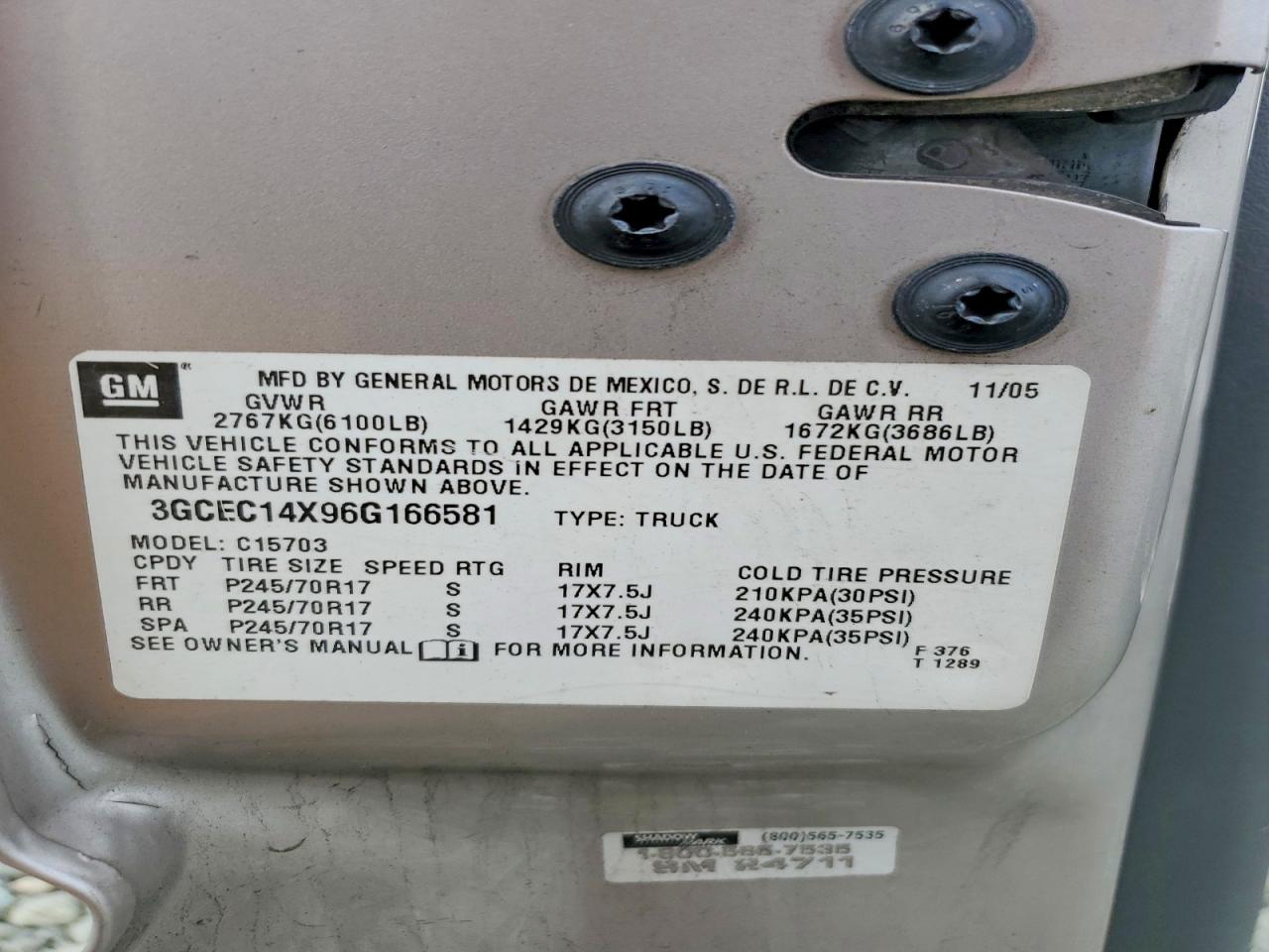 2006 Chev Silverado Tan vin: 3GCEC14X96G166581
