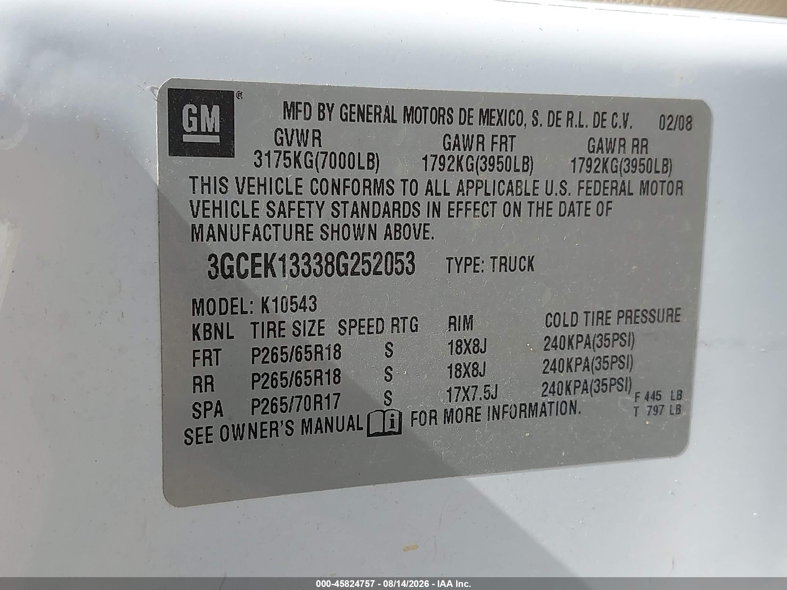 2008 Chevrolet Silverado 1500 Ltz White vin: 3GCEK13338G252053