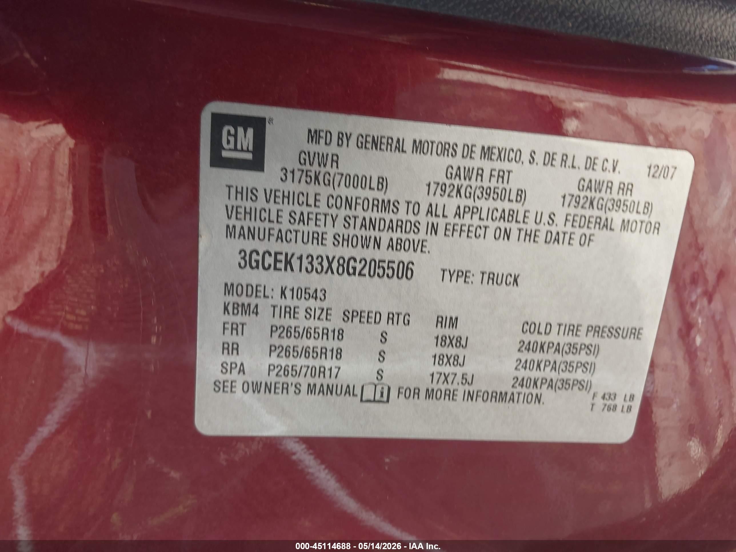 2008 Chevrolet Silverado 1500 Lt2 Burgundy vin: 3GCEK133X8G205506