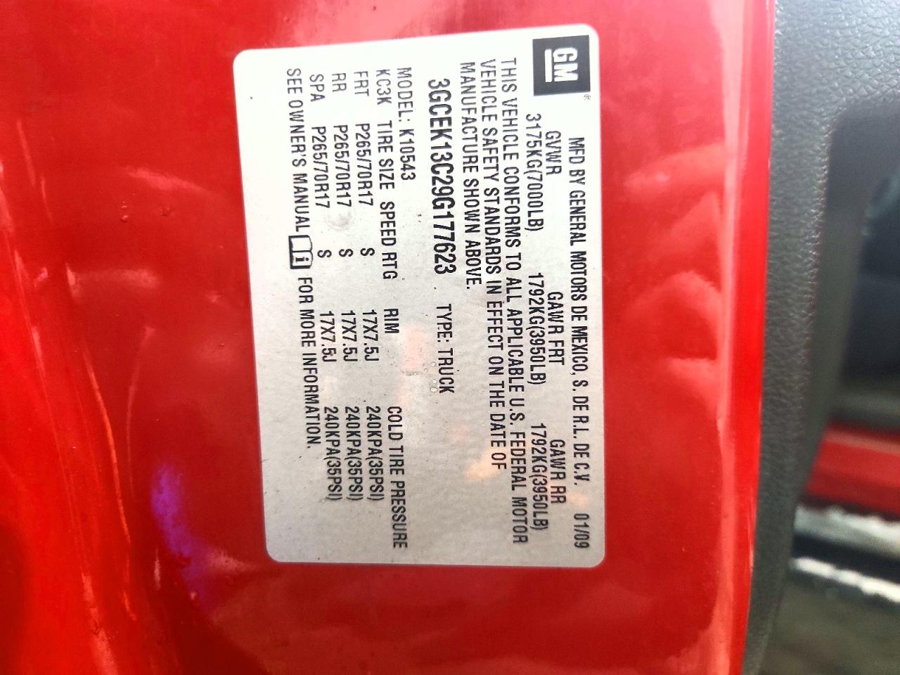 2009 Chev 1500 Silverado Red vin: 3GCEK13C29G177623