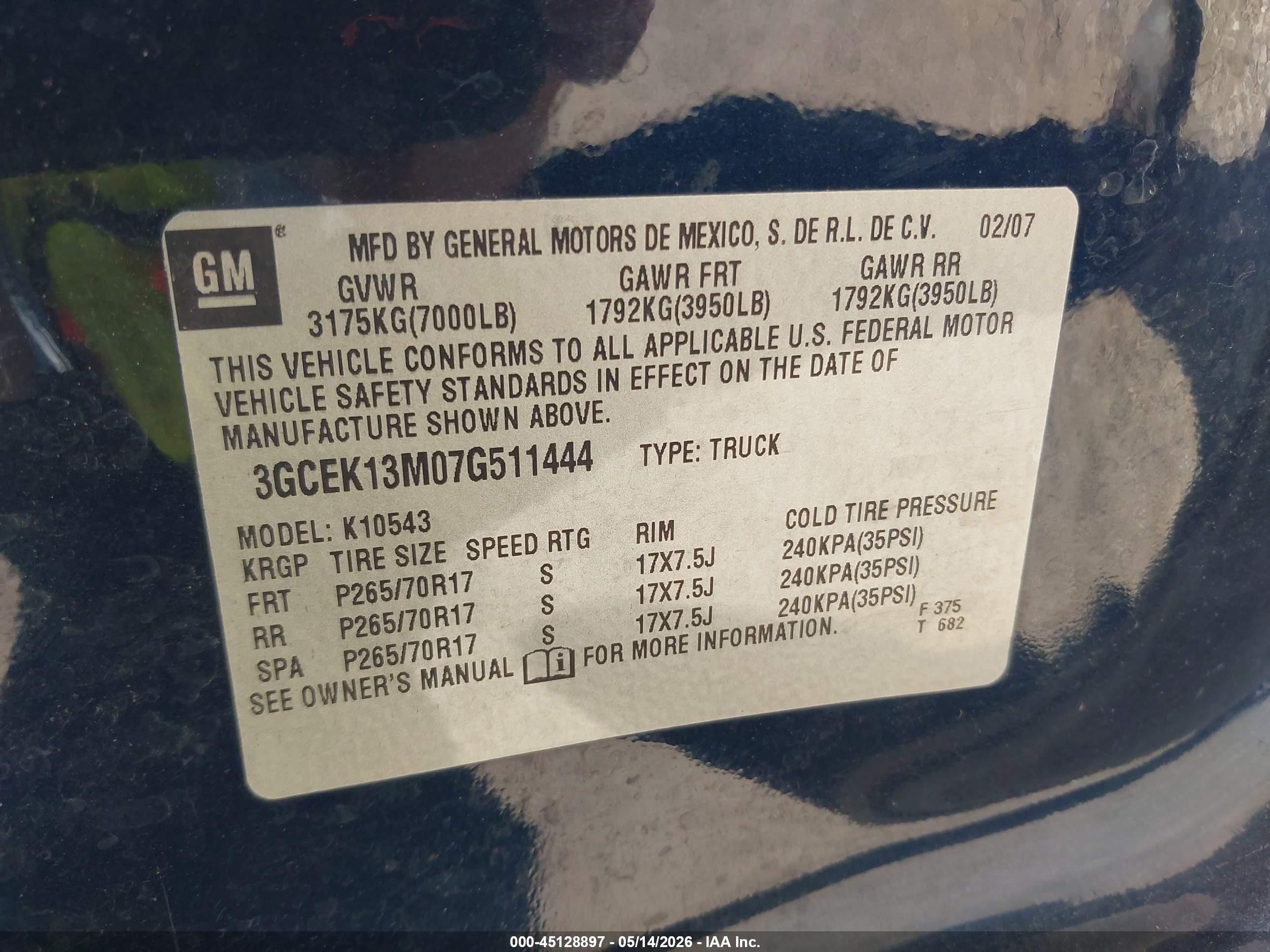 2007 Chevrolet Silverado 1500 Lt1 Blue vin: 3GCEK13M07G511444