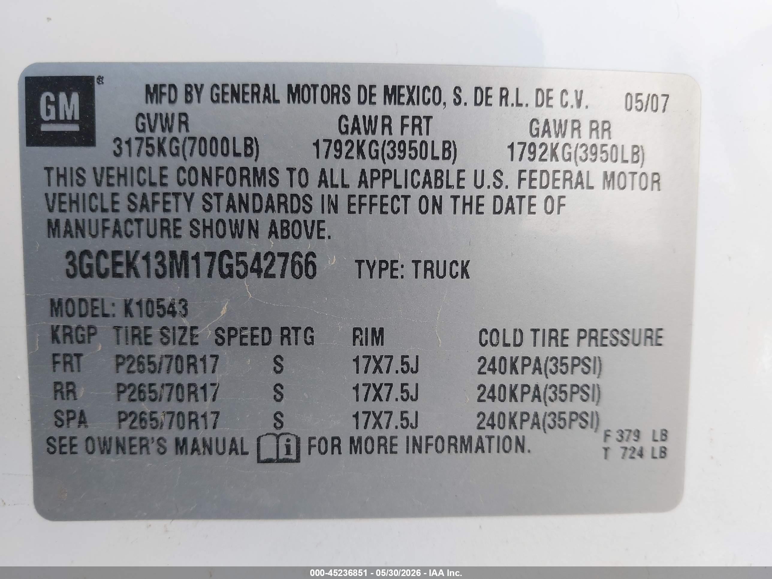2007 Chevrolet Silverado 1500 Lt1 Белый vin: 3GCEK13M17G542766