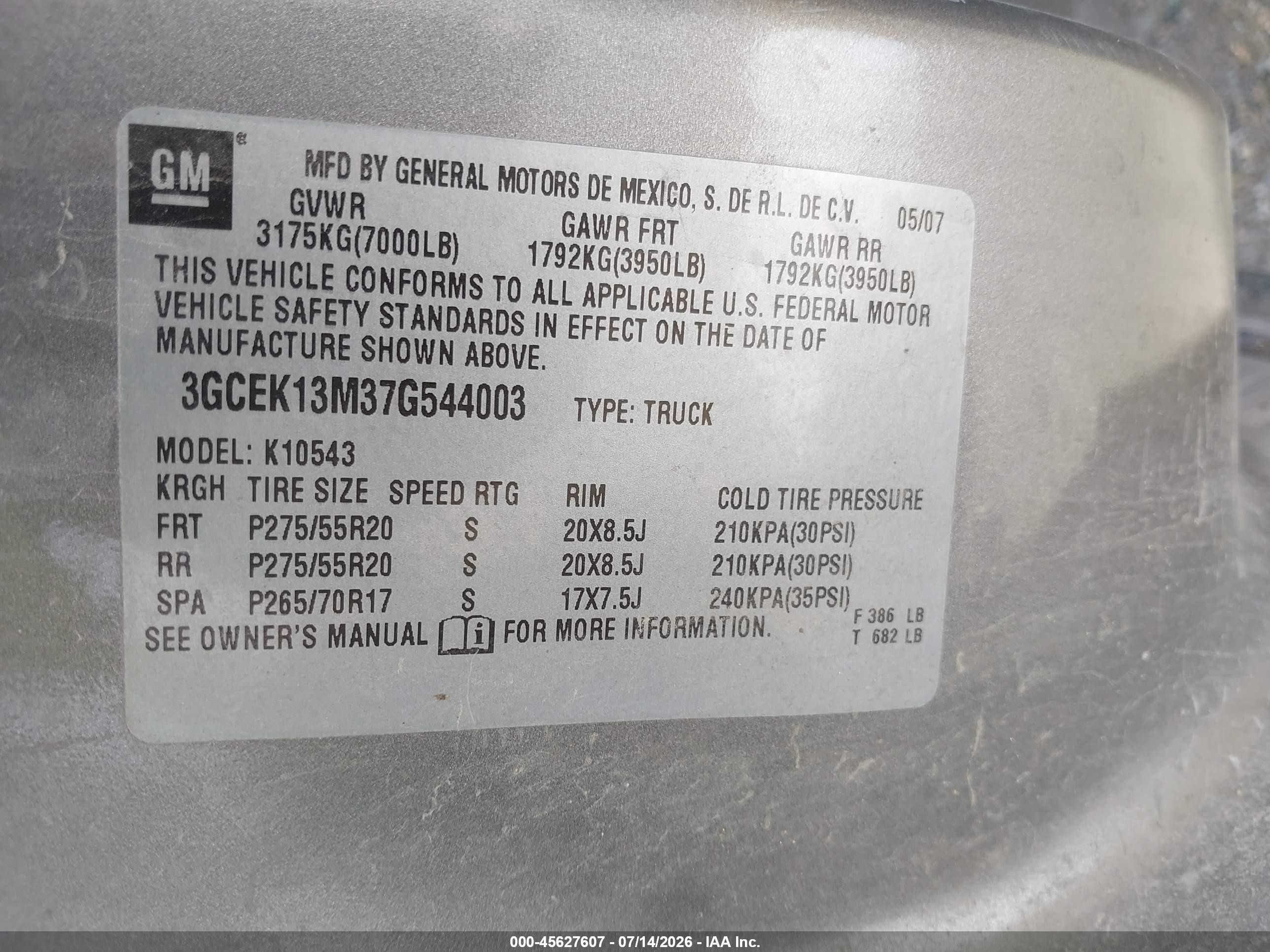2007 Chevrolet Silverado 1500 Ltz Gray vin: 3GCEK13M37G544003