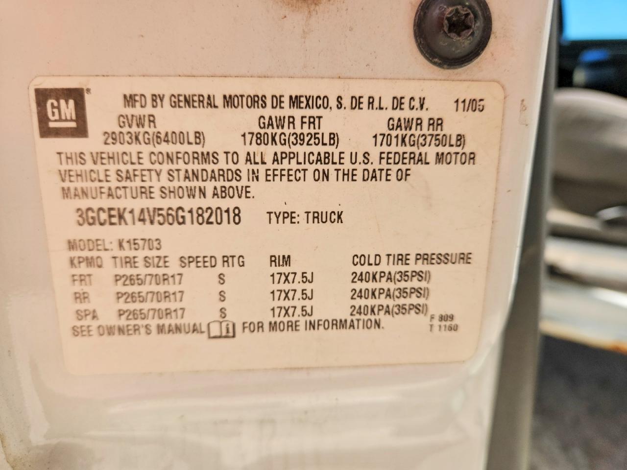 2006 Chevrolet 1502 White vin: 3GCEK14V56G182018