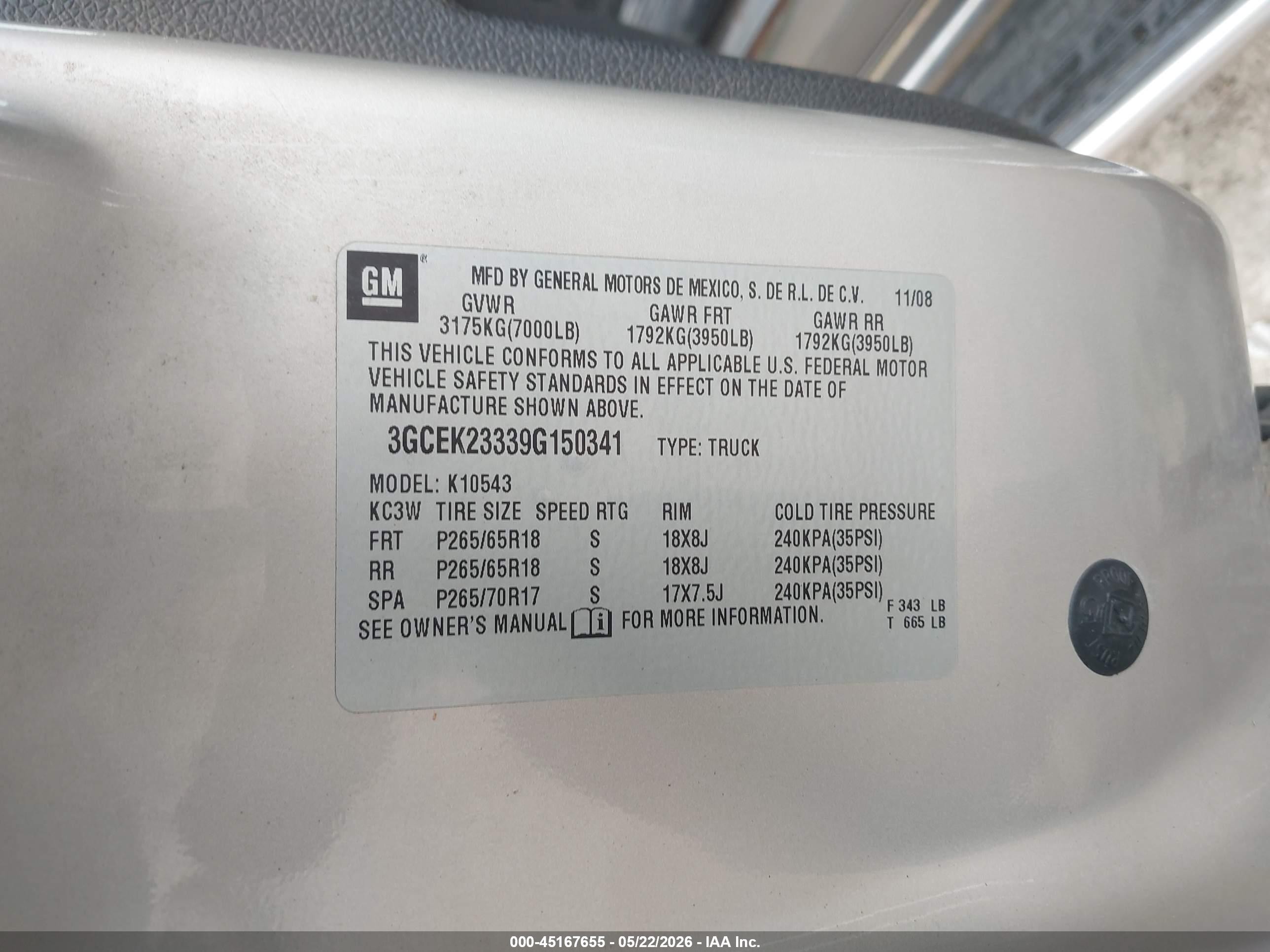 2009 Chevrolet Silverado 1500 Lt Champagne vin: 3GCEK23339G150341